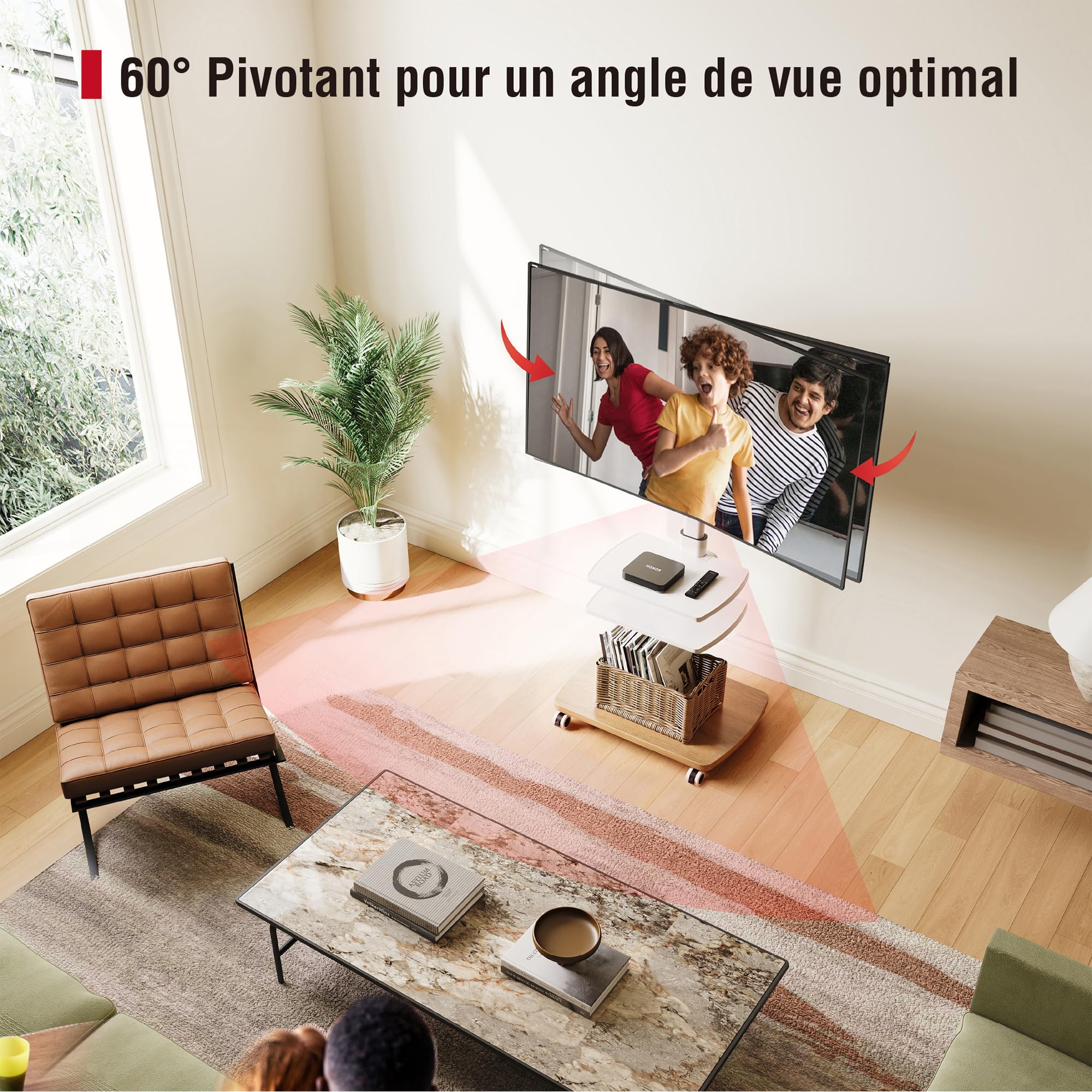 AOKCOS Support TV roulettes pour TV de 32-65 Pouces - Support TV sur Pied Plus Haut 1240 MM-1420 MM Pivotant 60° Inclinaison 12° jusqu'à 40 KG Max. VESA 400x400mm