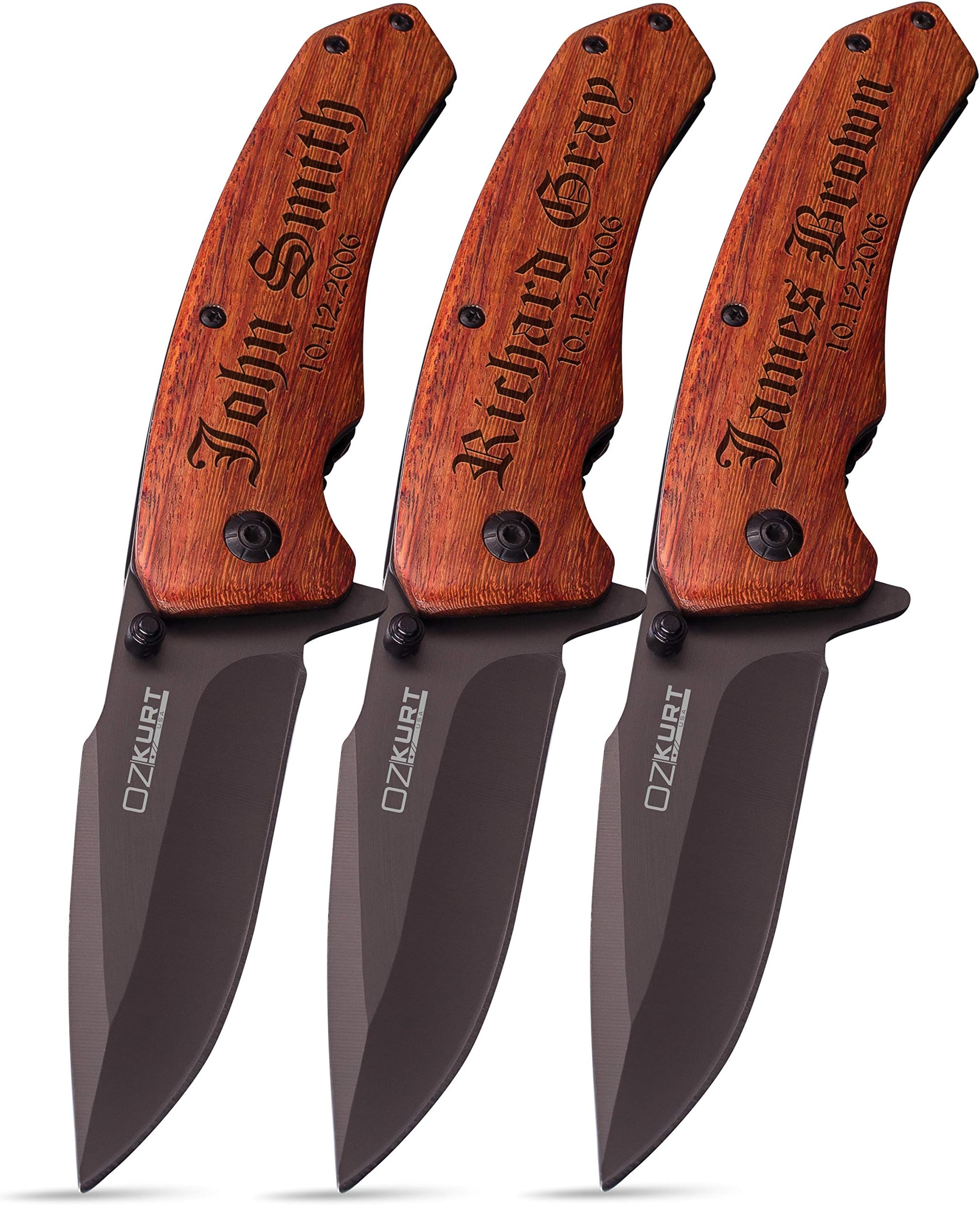 Lara Laser Works Oz-Kurt Personalized Pocket Knife Gifts for Dad Customized Groomsman Gift Free Engraving (SET OF 3)