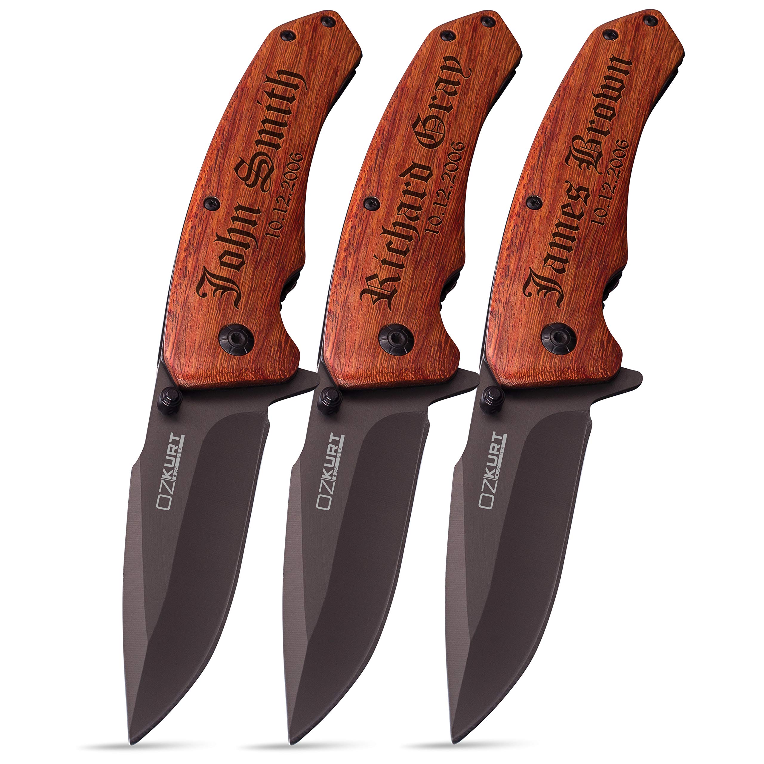 Lara Laser Works Oz-Kurt Personalized Pocket Knife Gifts for Dad Customized Groomsman Gift Free Engraving (SET OF 3)