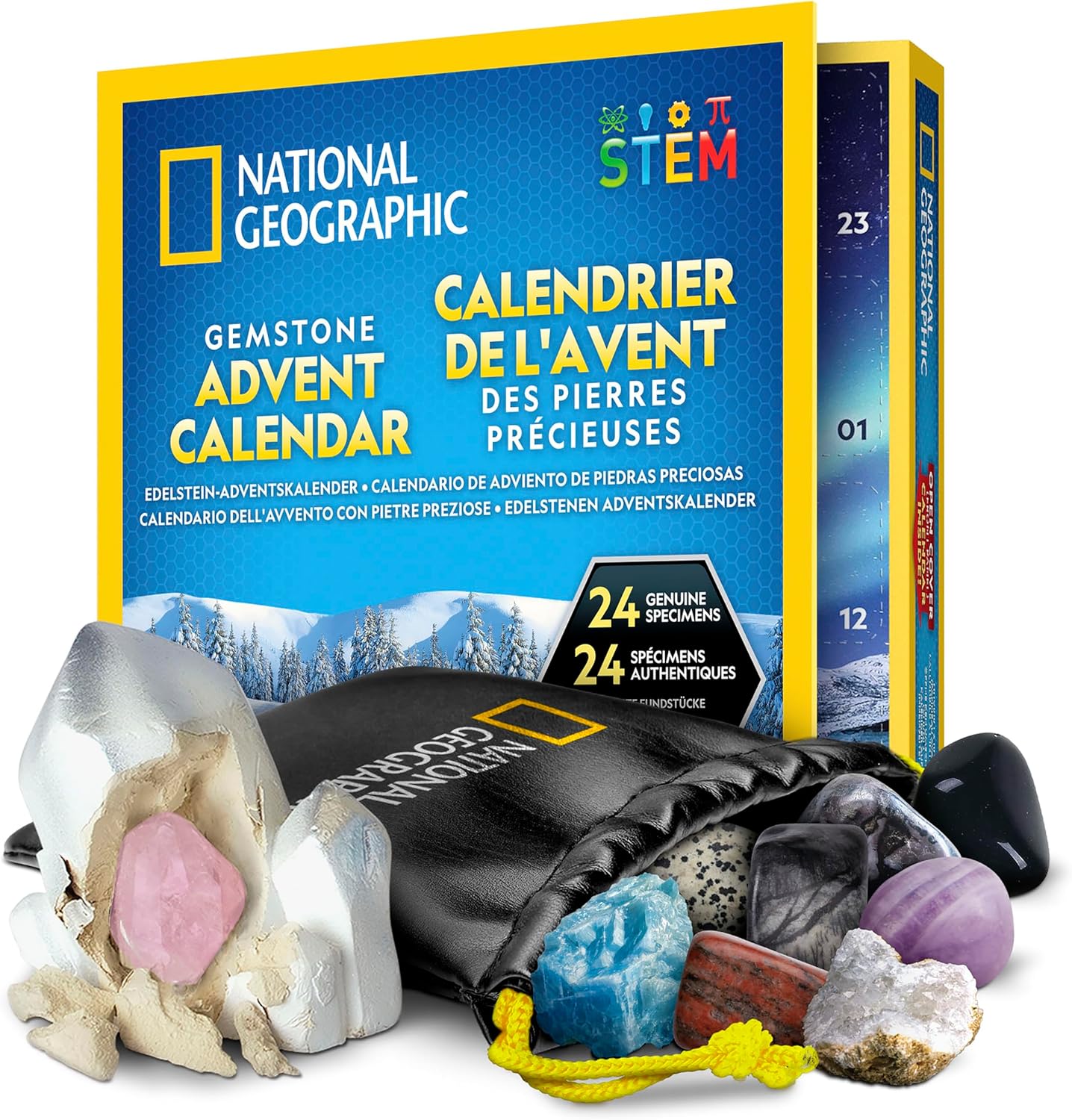 Geographic Edelsteen adventskalender 2025 - adventskalender voor kinderen met 24 edelstenen voor dagelijks openen, volledige stenen verzameling, edelstenen grafset