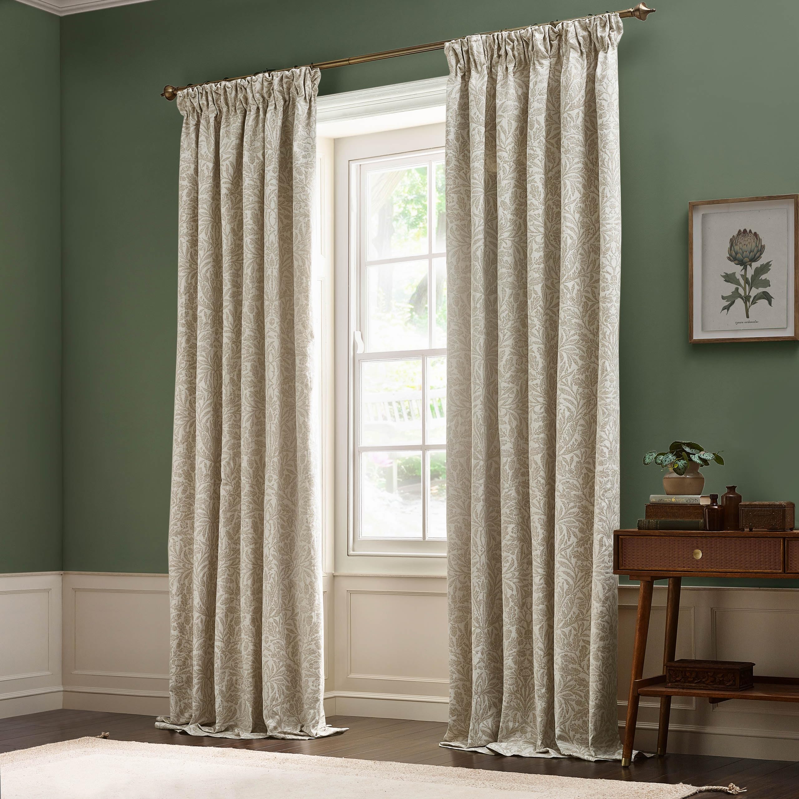 Morris&Co. Acorn Tonal Pencil Pleat Curtain Pair – Lined Matt Jacquard Drapes with Botanical Floral Design (Ivory - 229x137cm)