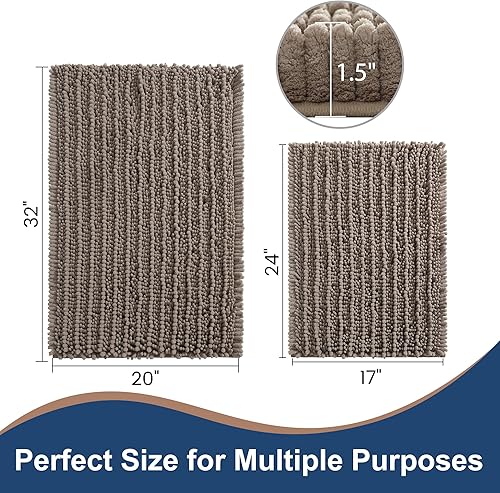 Miniatura 2 de Juego de 2 alfombras de baño de felpilla de lujo color taupe, parte inferior de goma termofusible gruesa, antideslizantes, alfombras de baño de