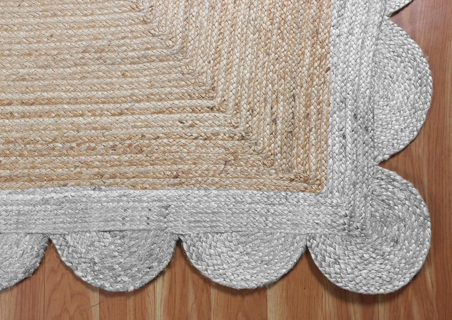 Braided Scalloped Runner Rug, Natural Jute Fiber Area Rug, 2.6x16 Ft Beige & White Woven Flatweave Kilim Rug for Indoor, Outdoor, Living Room, Kitchen, Entryway, Farmhouse