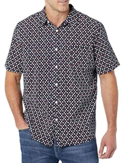 Amazon Essentials Men's Short Sleeve Dress Shirt with Stretch, Charcoal White Vertical Stripe (Available in Big & Tall)