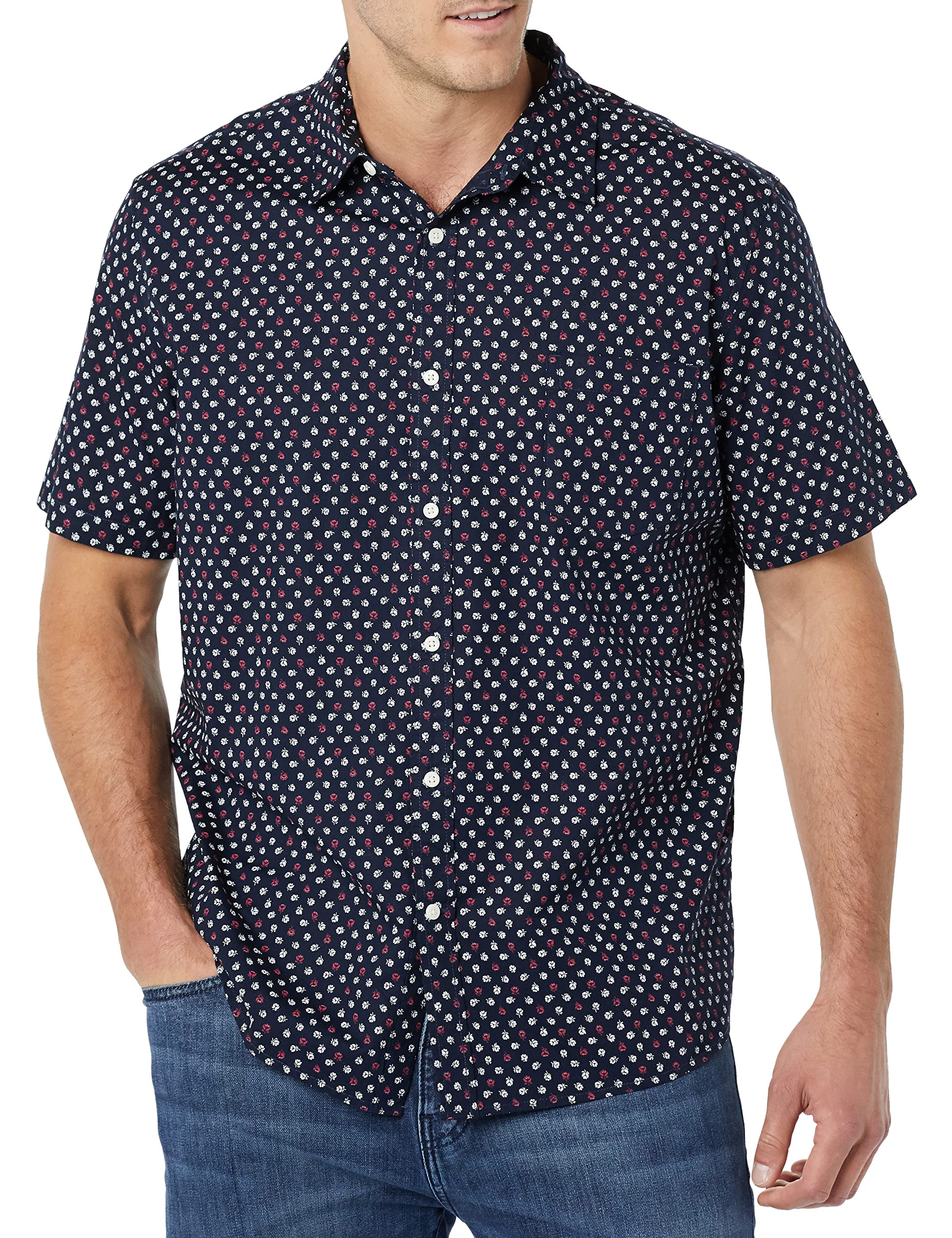 Amazon Essentials Camicia a Maniche Corte in Popeline Elasticizzato (Disponibile in Taglie Extra Forti) Uomo, Blu Marino Rose, M