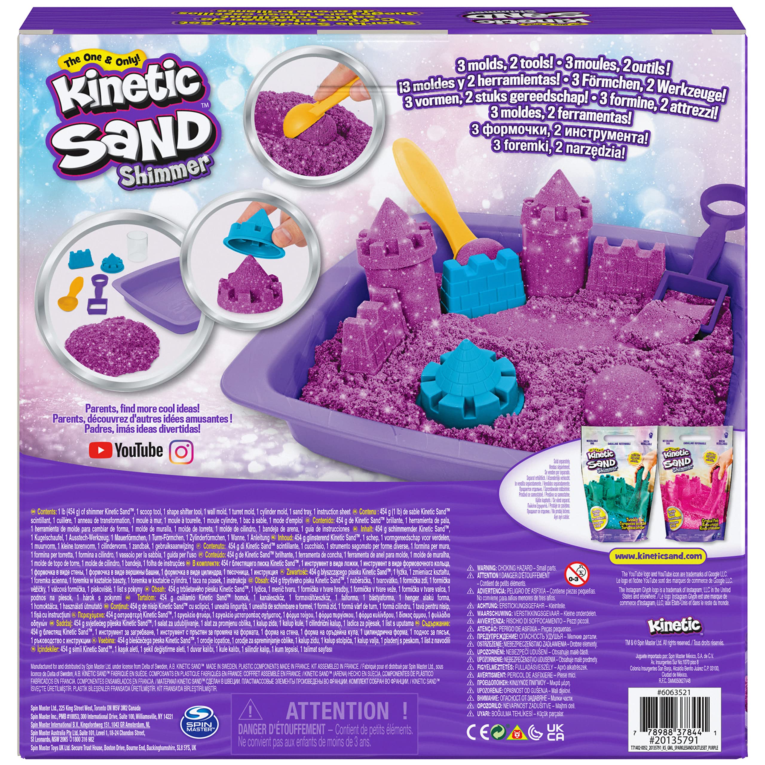 Kinetic Sand Zestaw do piaskownicy z połyskującym piaskiem 454 g magicznego piasku kinetycznego w kolorze fioletowym, wanna i akcesoriami do zabawy w pomieszczeniach, od 3 lat