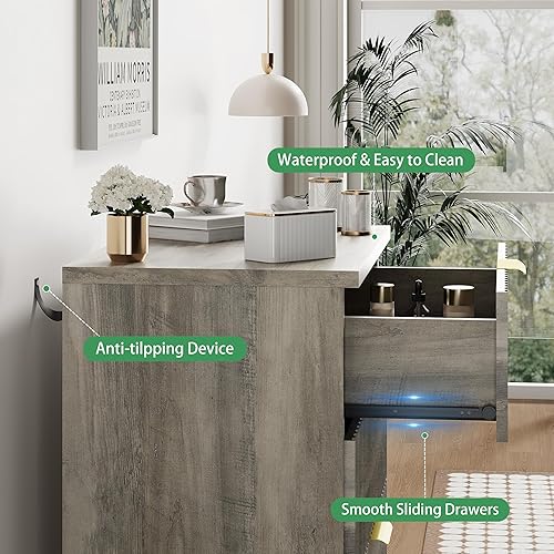 Vista 5 de Mesita de noche acanalada, mesa auxiliar de 24 pulgadas de ancho con 3 cajones de almacenamiento grandes, mesita de noche de madera moderna de Gris