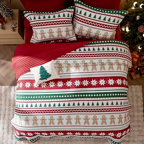 Miniatura 4 de Bedsure - Juego de colcha navideña, juego de ropa de cama de Navidad con patrón estampado a rayas de hombre de jengibre, ligera, de microfibra