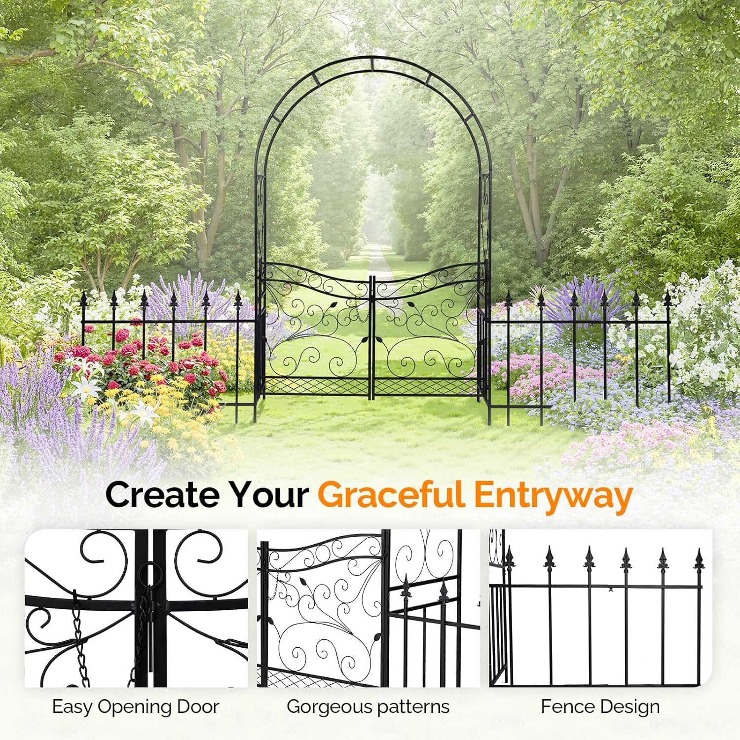 VINGLI Garden Arbor Arch, Wedding Arch Archway for Ceremony Party, Trellis for Plant Climbing, Christmas Decorations Pergola for Backyard, Lawn, Patio, Yard (Arbor with Gate and Fence)