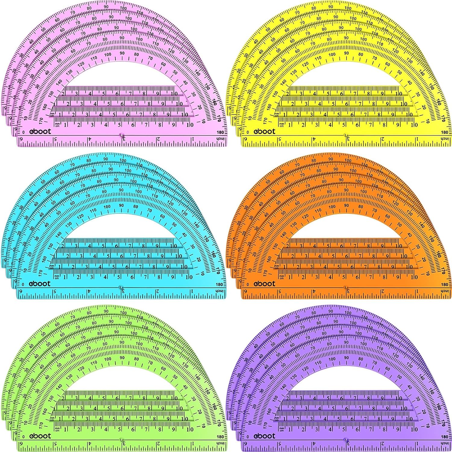 EBOOT 24 Pack Plastic Protractors Math Protractor 180 Degrees 6 Inch (Multi Colors)