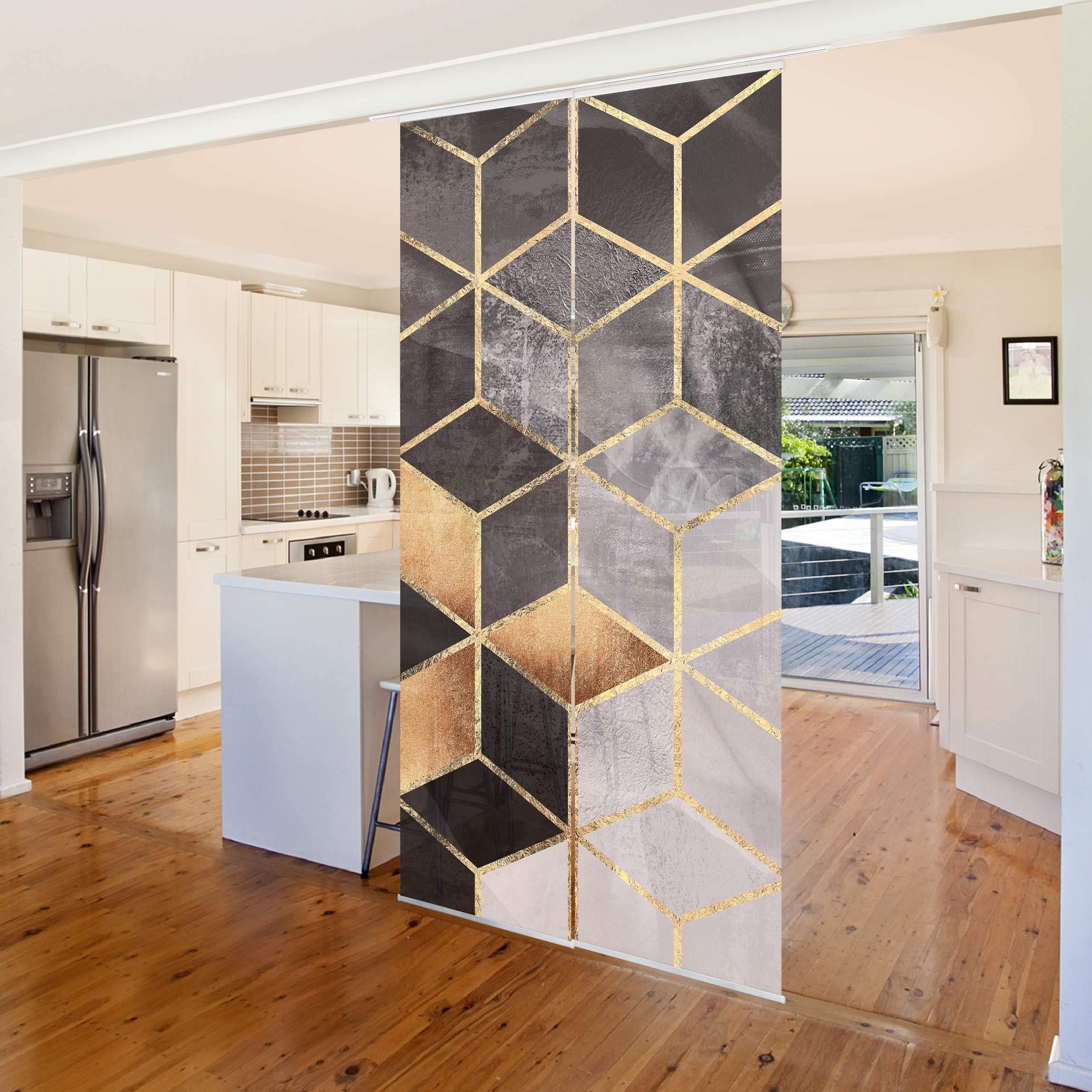 Schiebegardine halbtransparent 60er Paneel Klett Muster Textil lichtdurchlässig - Geometrisch Abstrakt Flächenvorhang Gold Wohnzimmer Schlafzimmer 2209 (120x250 cm - 2er Set)
