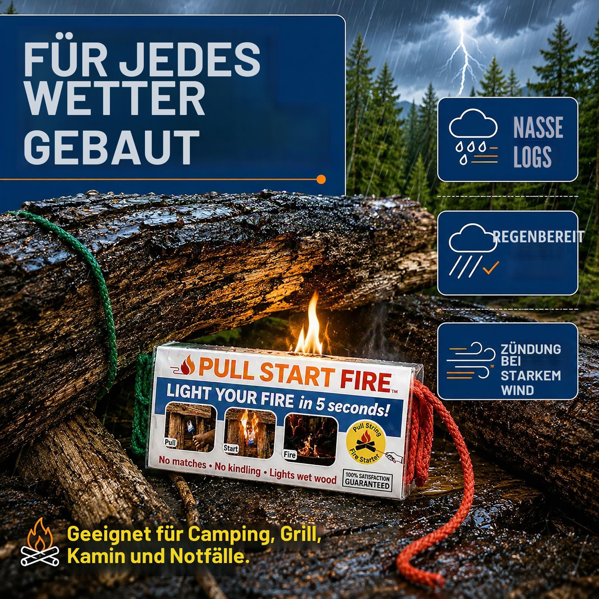 Pull Start Fire 30 Stück Anzünder für drinnen und draußen oder Camping, wetterfest