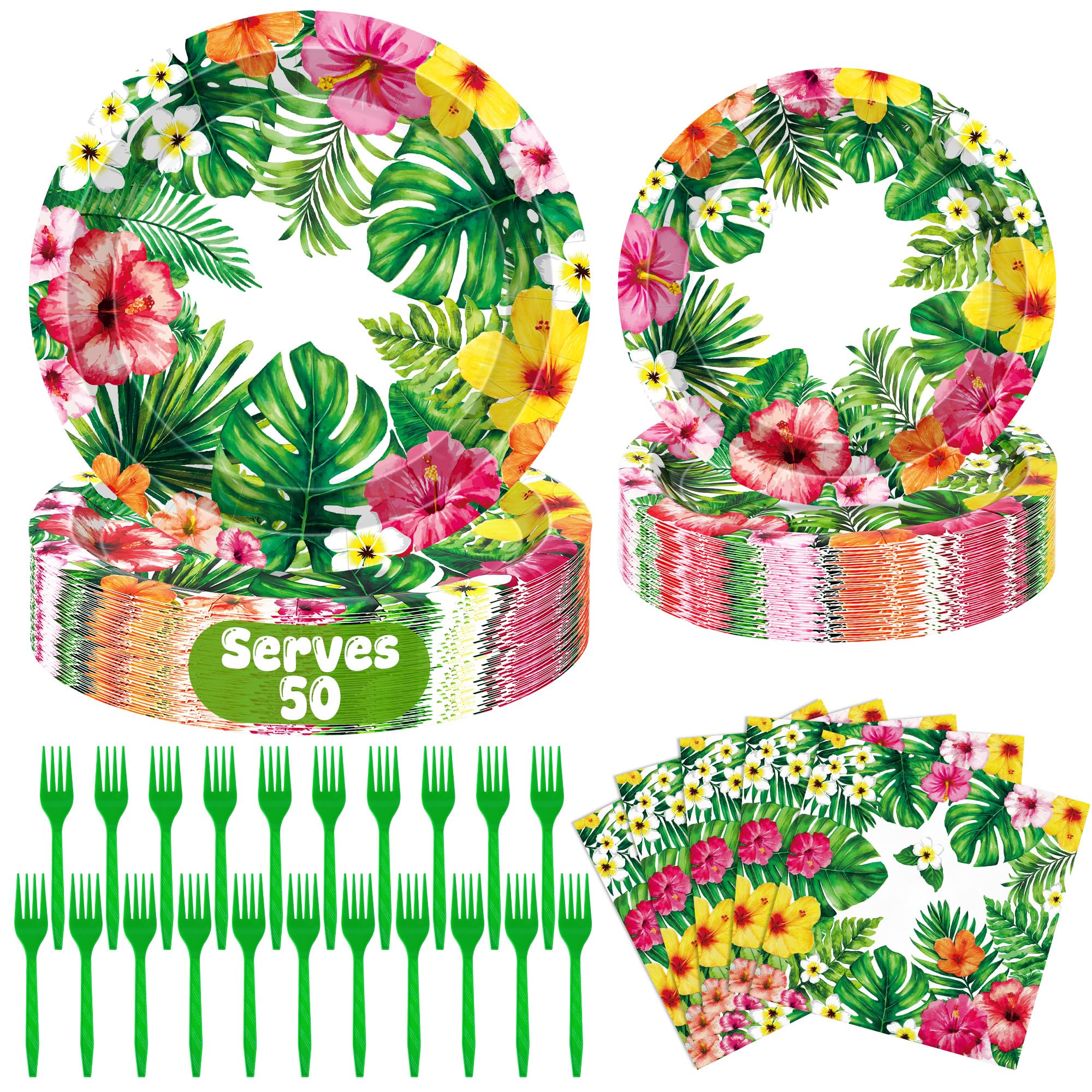 Photo 1 of 200 Pcs Hawaiian Luau Decorations, Aloha Plates and Napkins Tableware Set, Disposable Tropical Palm Leaf Hibiscus Flower Hawaiian Themed Party Supplies for Summer Holiday Pool Beach Decor Serves 50