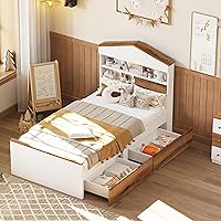 Vista 22 de Modern Full Size Platform Bed Storage Headboard and Safety Guardrail for Kids, Function Wood Platform Bed Frame with Built-in LED Light for Boy