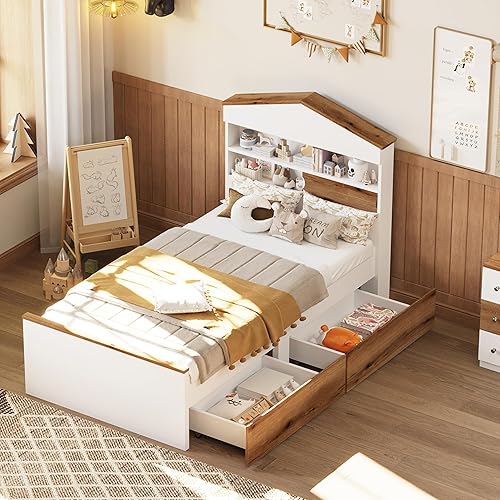 Miniatura 94 de Moderna plataforma de tamaño matrimonial con cabecera de almacenamiento y barandilla de seguridad para niños, plataforma de madera funcional con luz