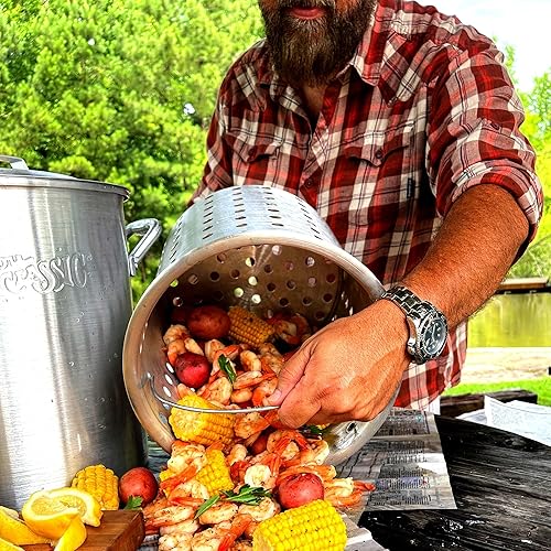 Miniatura 4 de Bayou Classic 4325 - Olla de 25 cuartos con cesta de aluminio perforada, tapa ventilada, asas remachadas pesadas, perfectas para un hervido clásico