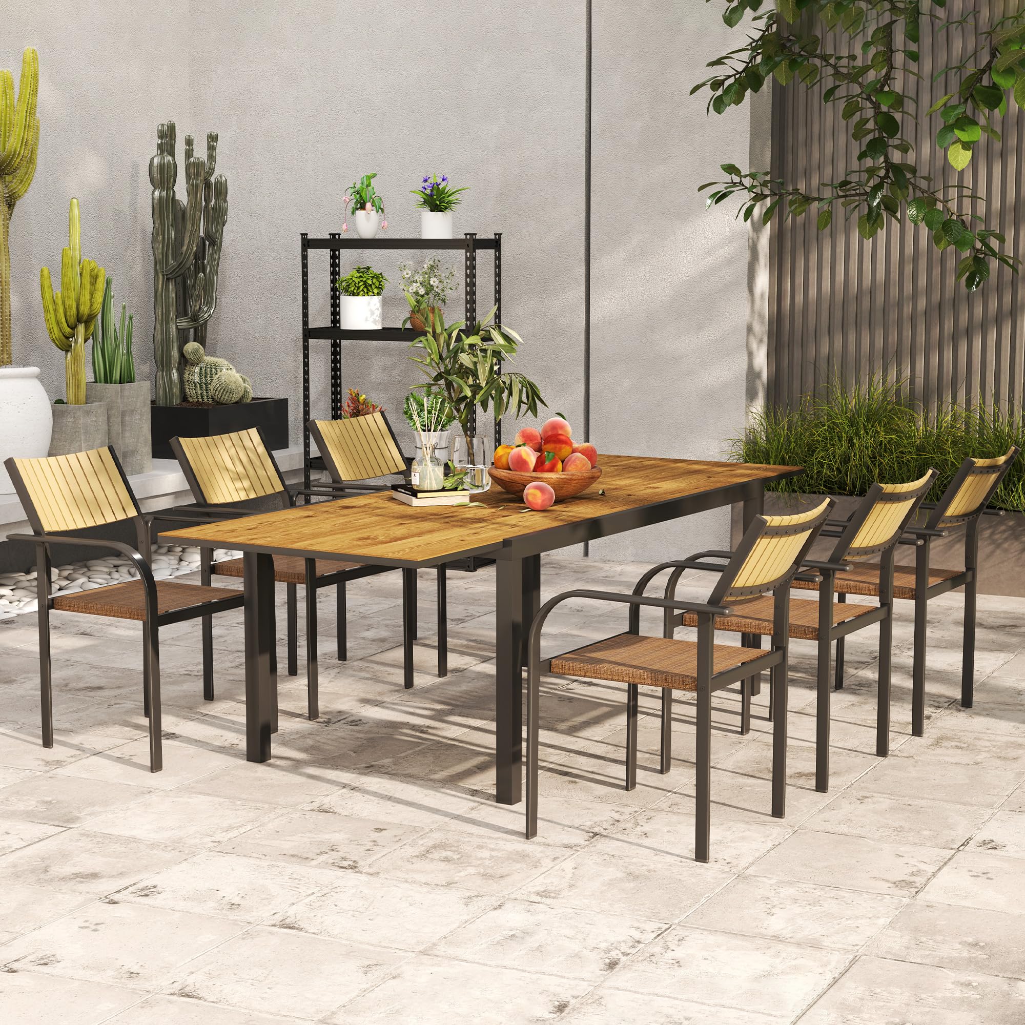Outsunny Set Tavolo da Giardino Allungabile 7 Pezzi con Sedie Impilabili, Acciaio e Textilene, Marrone