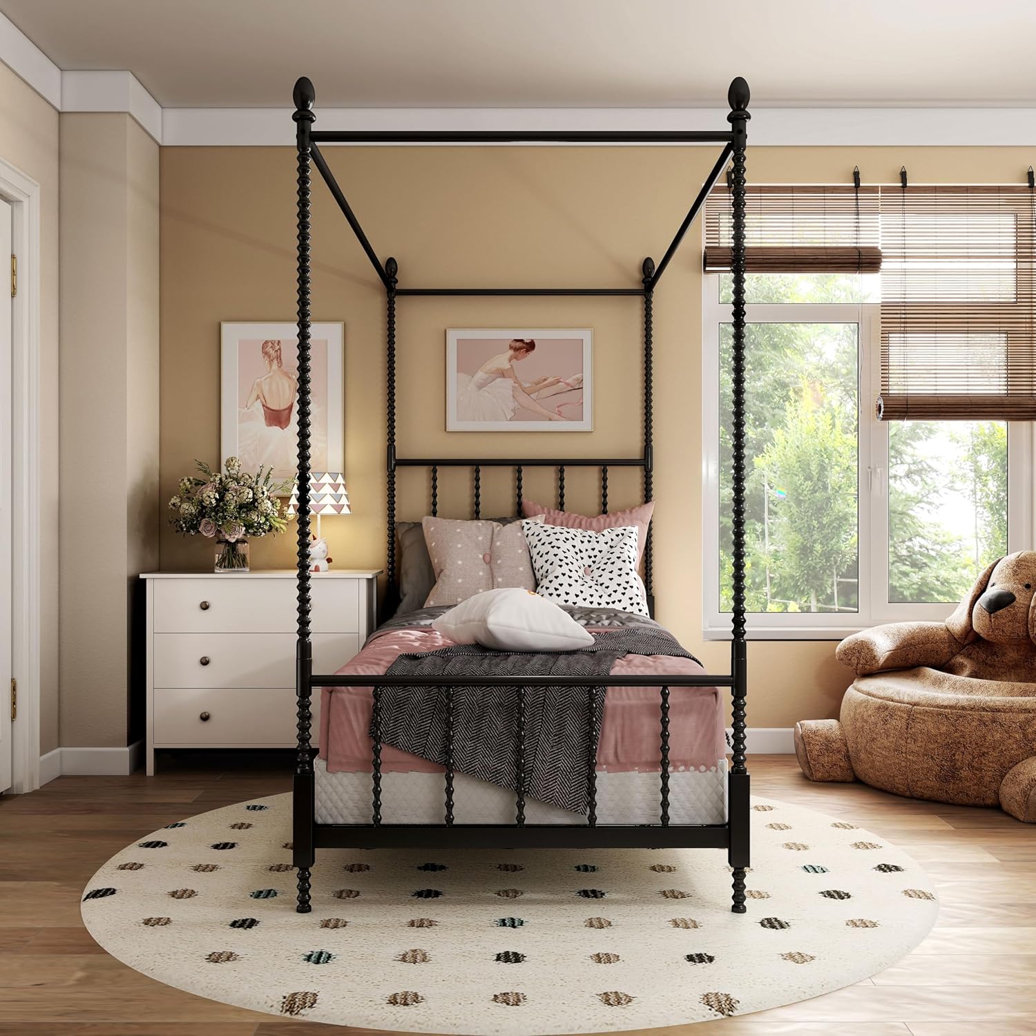 Furniture of America Vaeli Modern Metal Twin Size Four Poster Bed Frame with Spindles, Canopy Bedframe for Bedroom, Guest Room, Box Spring Required, Black