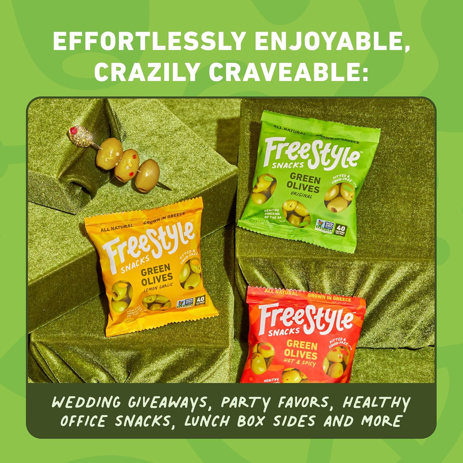Freestyle Snacks Olive Snack Packs - As Seen on Shark Tank - Bulk Party Pack - Fresh Pitted Green Olives, Grown in Greece, All Natural, Non-GMO, Sugar-Free - Original, 1.1oz (120-Pack)