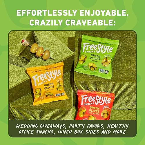 Vista 40 de Freestyle Snacks Paquetes de aperitivos de oliva, como se ve en Shark Tank, una sola porción, aceitunas verdes frescas sin hueso, cultivadas