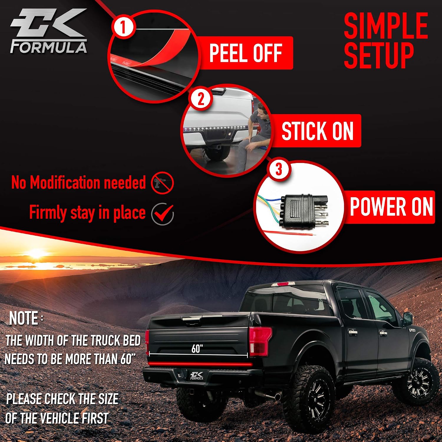 CK Formula 60” Triple Row LED Tailgate Light Bar - 5 Functions: Reverse, Brake, Running, Turn Signal, Double Flash Light Strip for Trucks, 2935 SMD LED Chips, IP67 Waterproof, 12V, 1 Piece