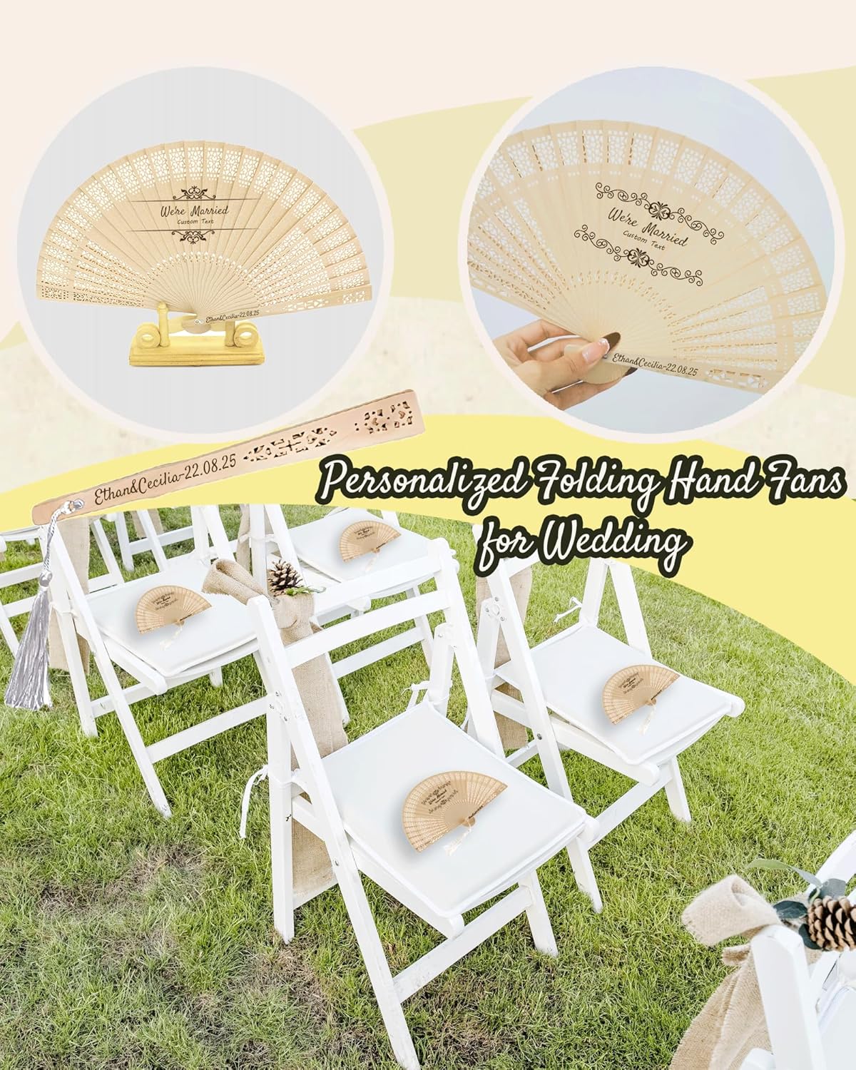 100Pcs Personalized Wooden Hand Fan Wood Handheld Folding Fans Custom Wedding Fans with Organza Bags Wedding Party Favor for Guests (100)