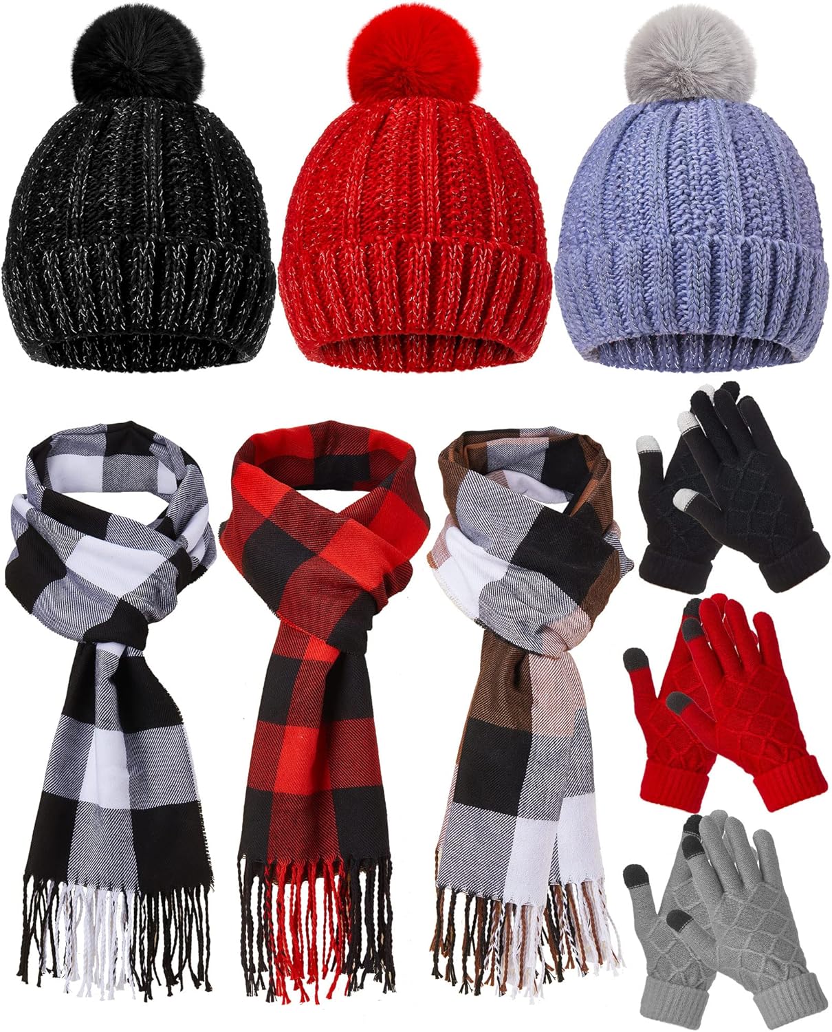 JaGely 9 Pcs Winter Warm Beanie Hat Plaid Scarf Gloves Set Winter Buffalo Plaid Scarf Knitted Beanie Hat Touch Screen Gloves for Men and Women Outdoor Running Ski