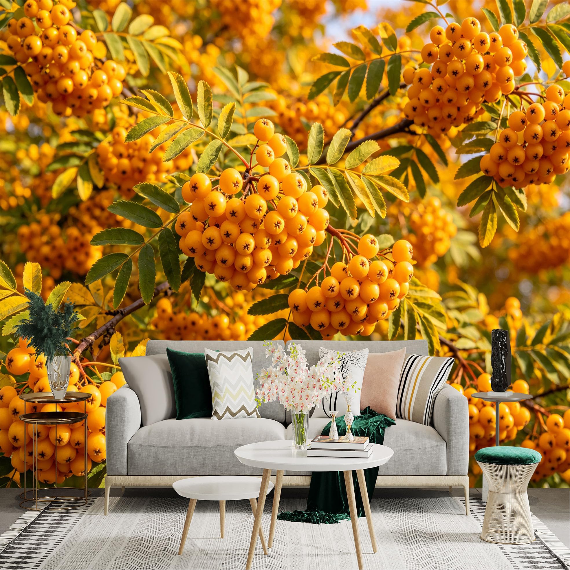Lnzczhyre Dbh260521342 Custom Size Wall Sticker Mural， Yellow Rowan Berries In Autumn， Vibrant Fall Foliage， Golden Fruit Clusters On Branches， For Wall Decoration， Peelandstick Wall Decals.