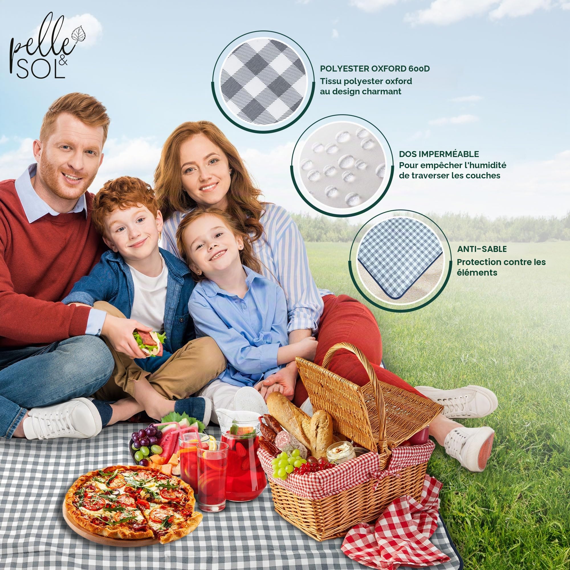 Pelle & Sol Tapis de Pique-Nique Imperméable 200x140 cm, Couverture Extérieure Pliable avec Poignée, Base Antidérapante, Tapis Anti-Sable Lavable pour Plage, Jardin, Camping, Randonnée & Parc