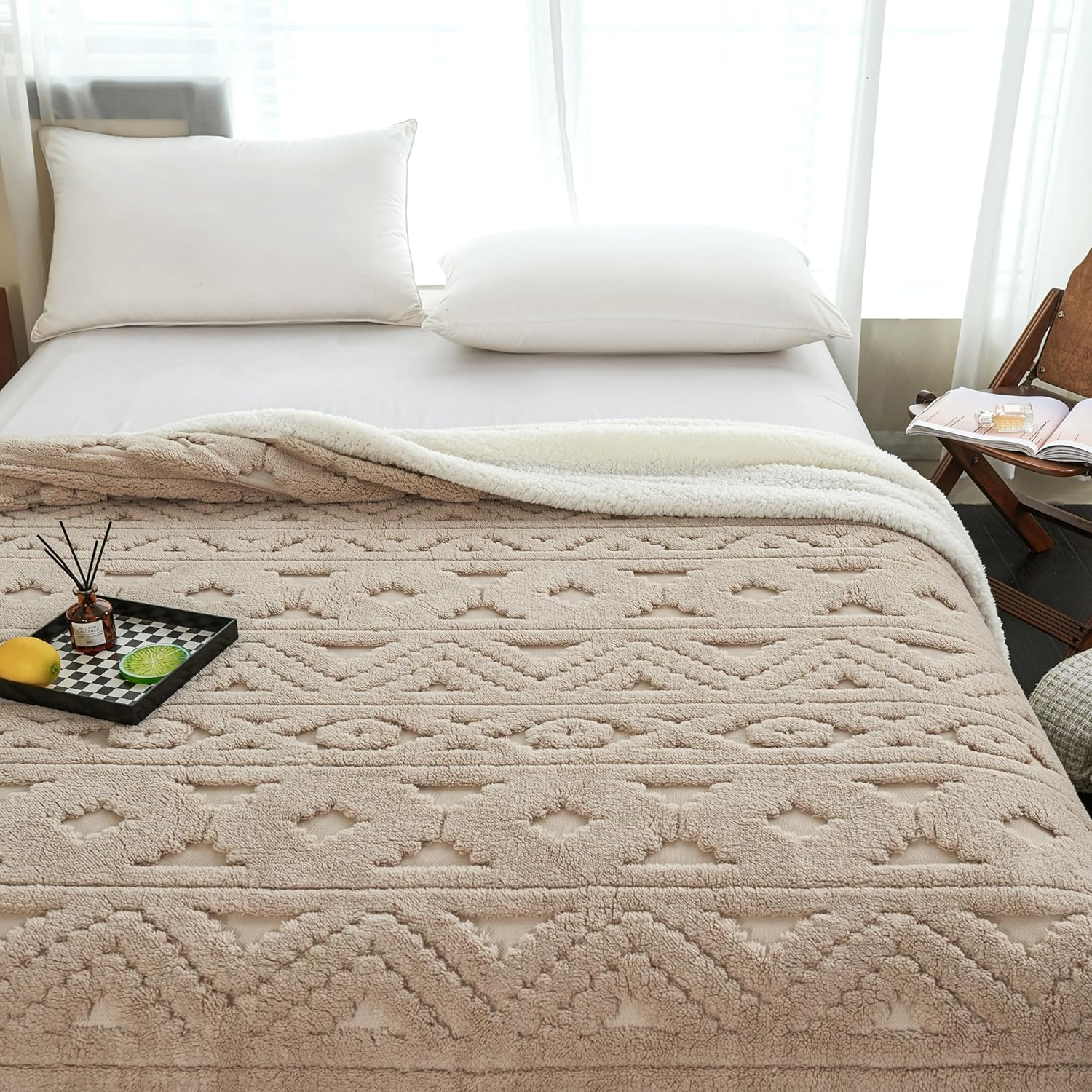 LEVINIS Bohemian Sherpa Throw Blankets 60'' × 80'', Sherpa Fleece Blanket for All Season, Southwestern Aztec Blanket for Bed/Couch/Sofa/Office/Camping, Camel - Image 3