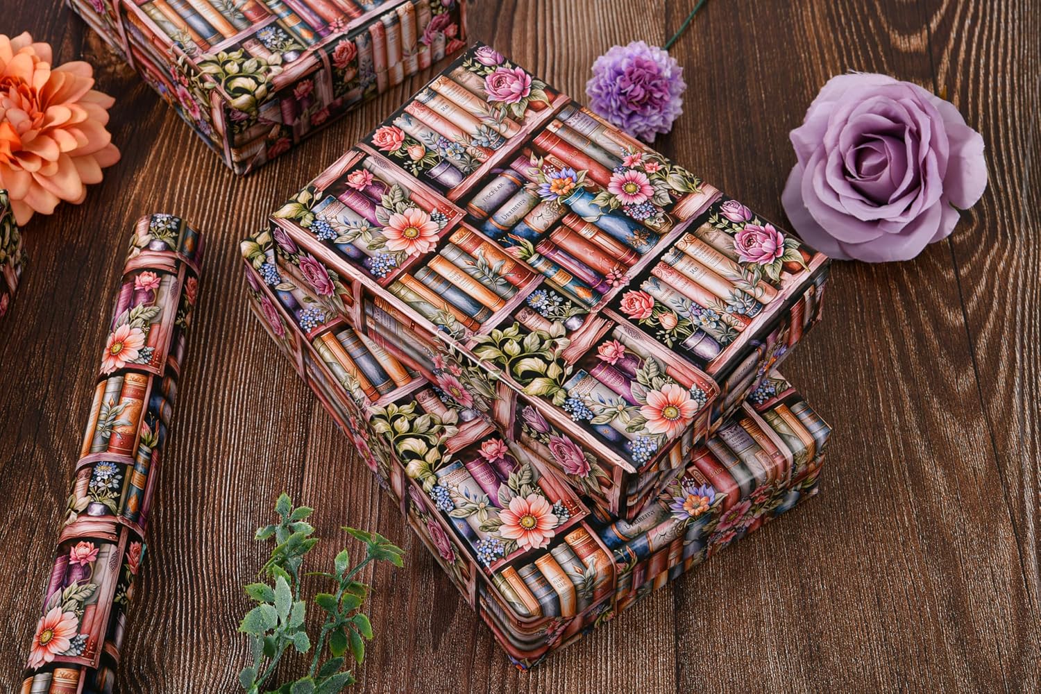 Sikiweiter Bookshelf Floral Wrapping Paper Roll - 17" x 16.5 Feet - Vintage Books and Flowers Design Elegant Gift Wrap for All Occasions(Bookshelf) image 5