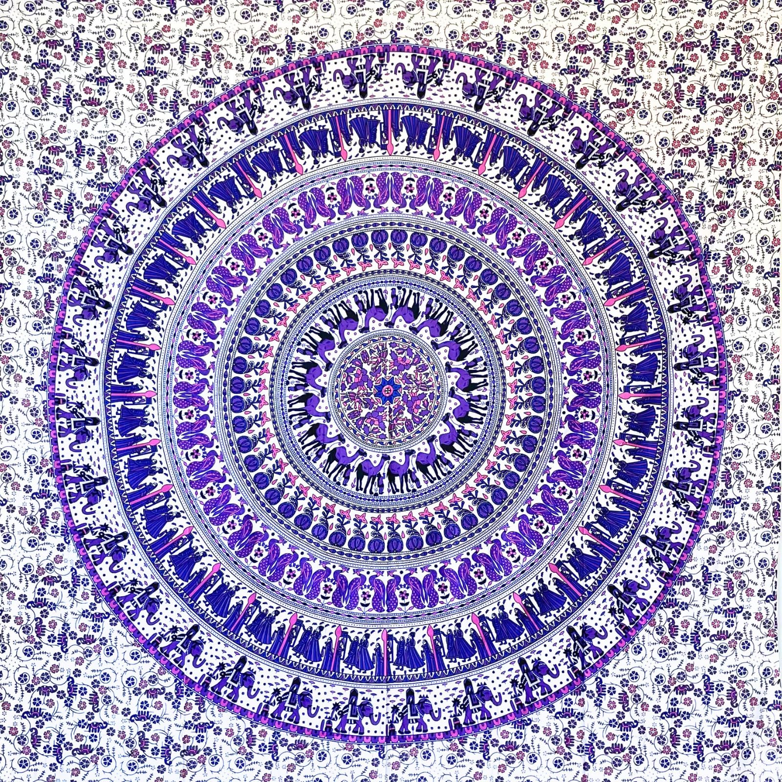 MOMOMUS Mandala Tapestry Wall Hanging - 100% Cotton Indian Art - Tapestry for Bedroom Aesthetic, and Wall Tapestry Hanging - White-Lilac 210x230 cm
