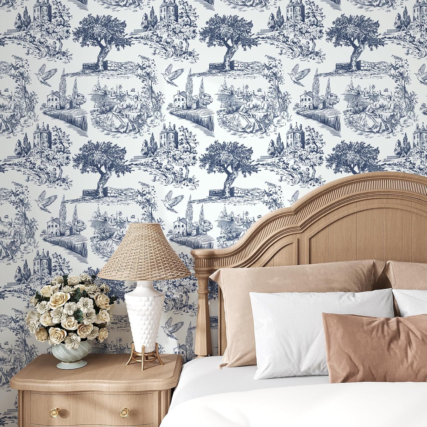 VaryPaper 17.7''x78.7'' Blue Toile Wallpaper Vintage French Country Peel and Stick Wallpaper for Bedroom Bathroom Waterproof Self Adhesive Decorative Chinoiserie Contact Paper for Cabinets Accent Wall