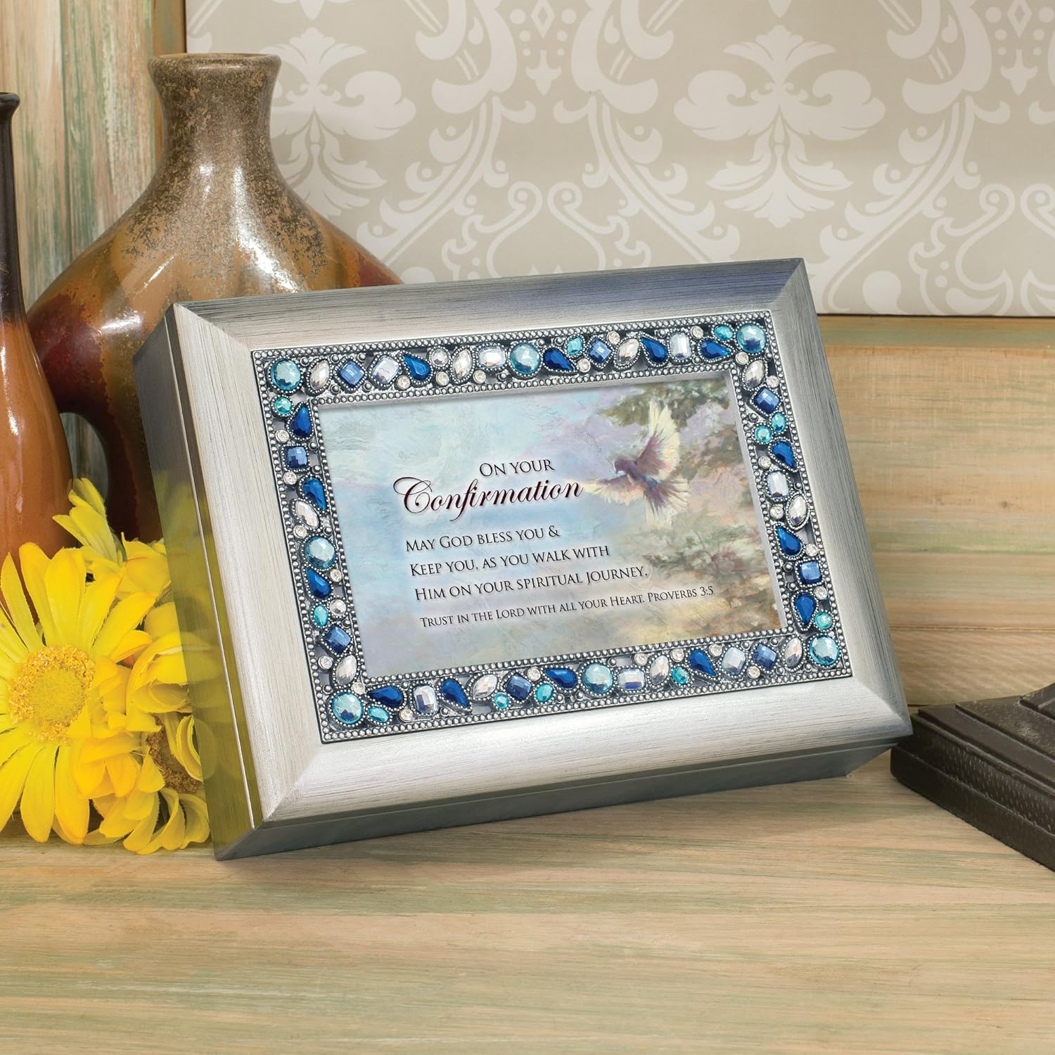 Cottage Garden On Your Confirmation May God Bless Brushed Silvertone Jeweled Music Box Plays On Eagle's Wings