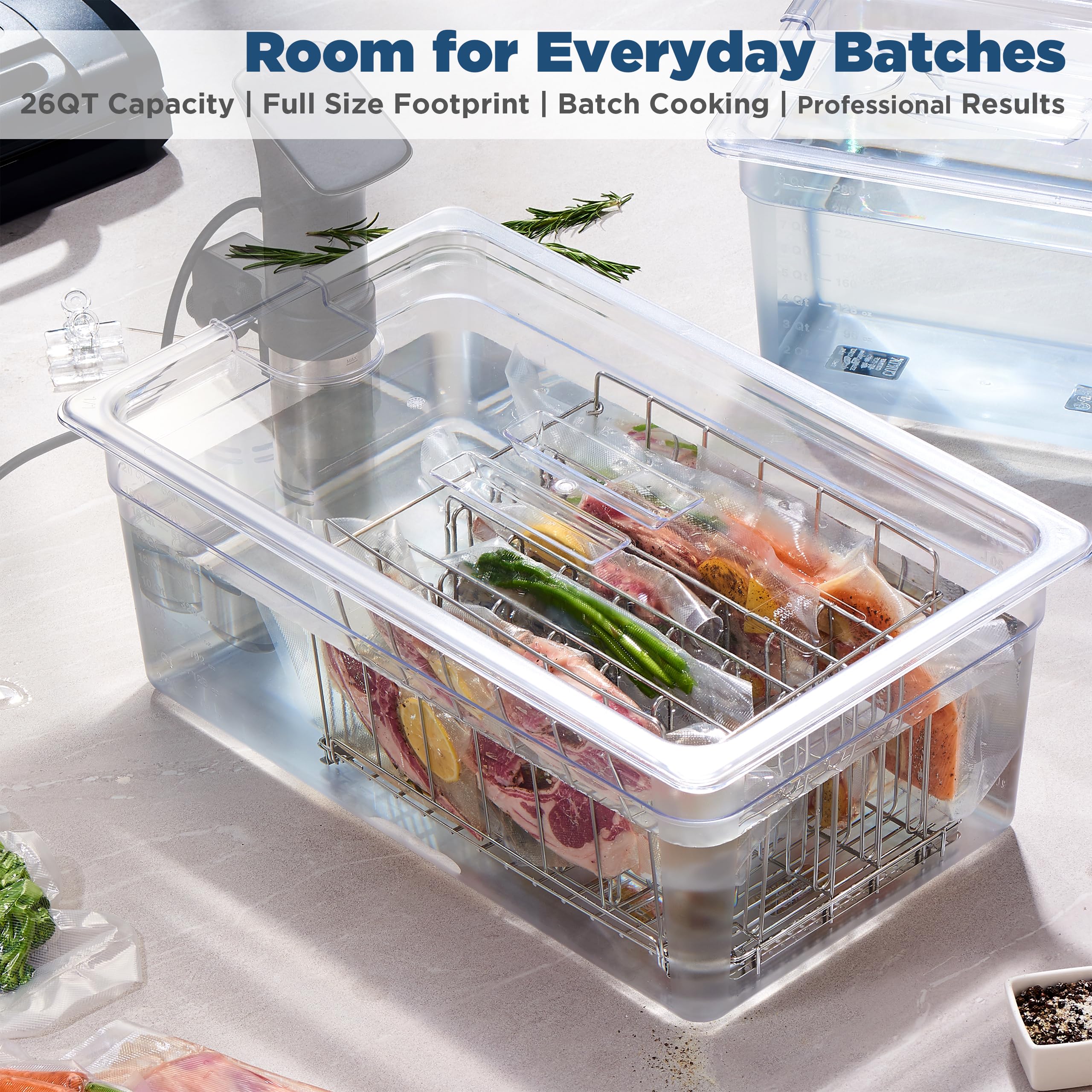 26 Qt Sous Vide Container Kit with Notched Lid, Divider Rack & Insulating Sleeve, 1/1 Full Size Polycarbonate Water Bath, Fits Anova and Most Cookers (Immersion Circulator NOT Included)
