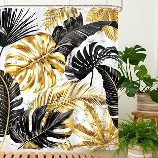Omifly Tropical Palm Shower Curtain 60Wx72H Inch Black Gold Banana Leaves Monstera Botanical White Marble Jungle Rainforest Plant with 12 Plastic Hooks Fabric Waterproof Toilet Accessories Decor