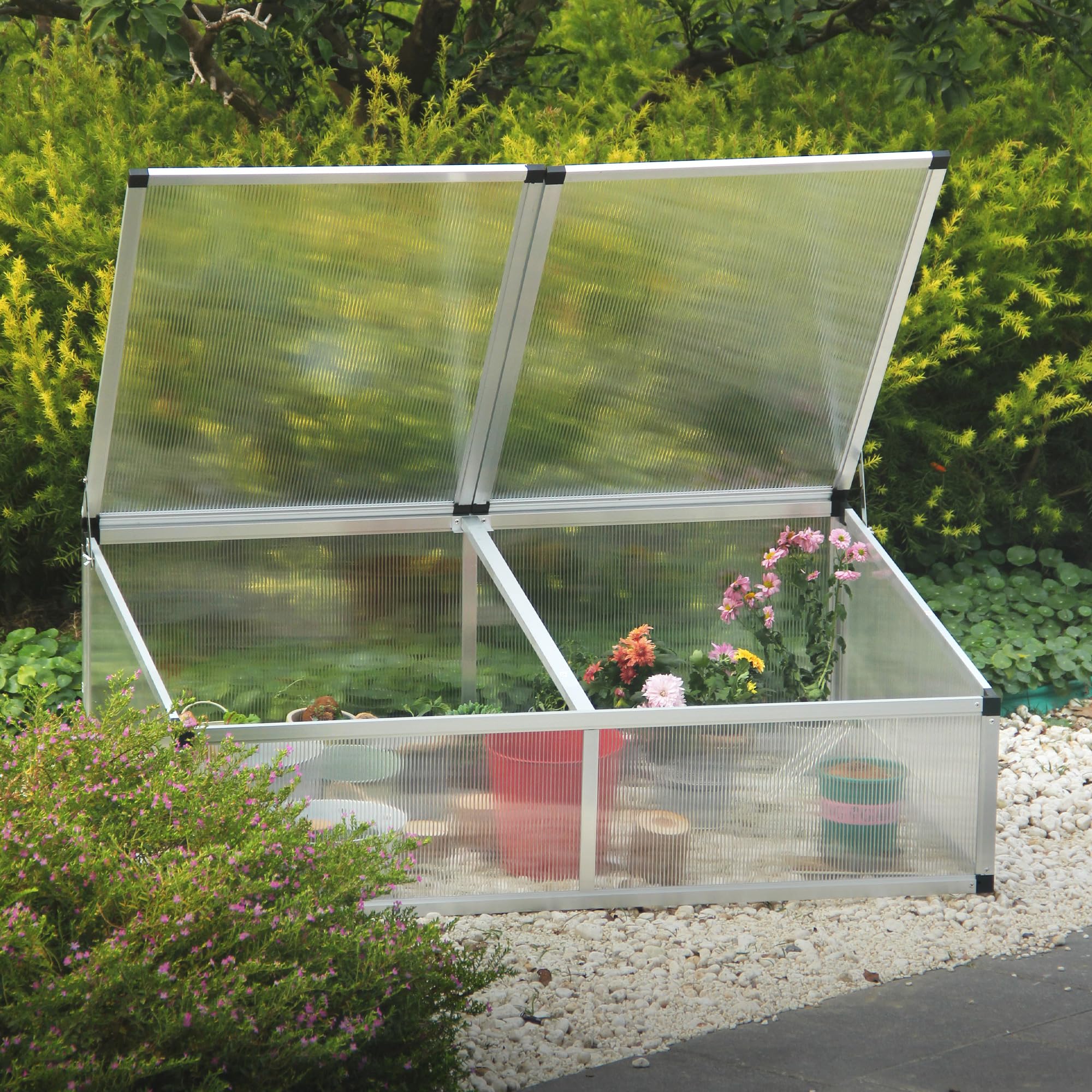 Frühbeet Gewächshaus aus Aluminium,115x76x40 cm, Alu Mini Gewächshaus, Hochbeet Treibhaus für Garten, Klein Treibhaus Frühbeetkasten mit Doppeldach lichtdurchlässig, UV Schutz