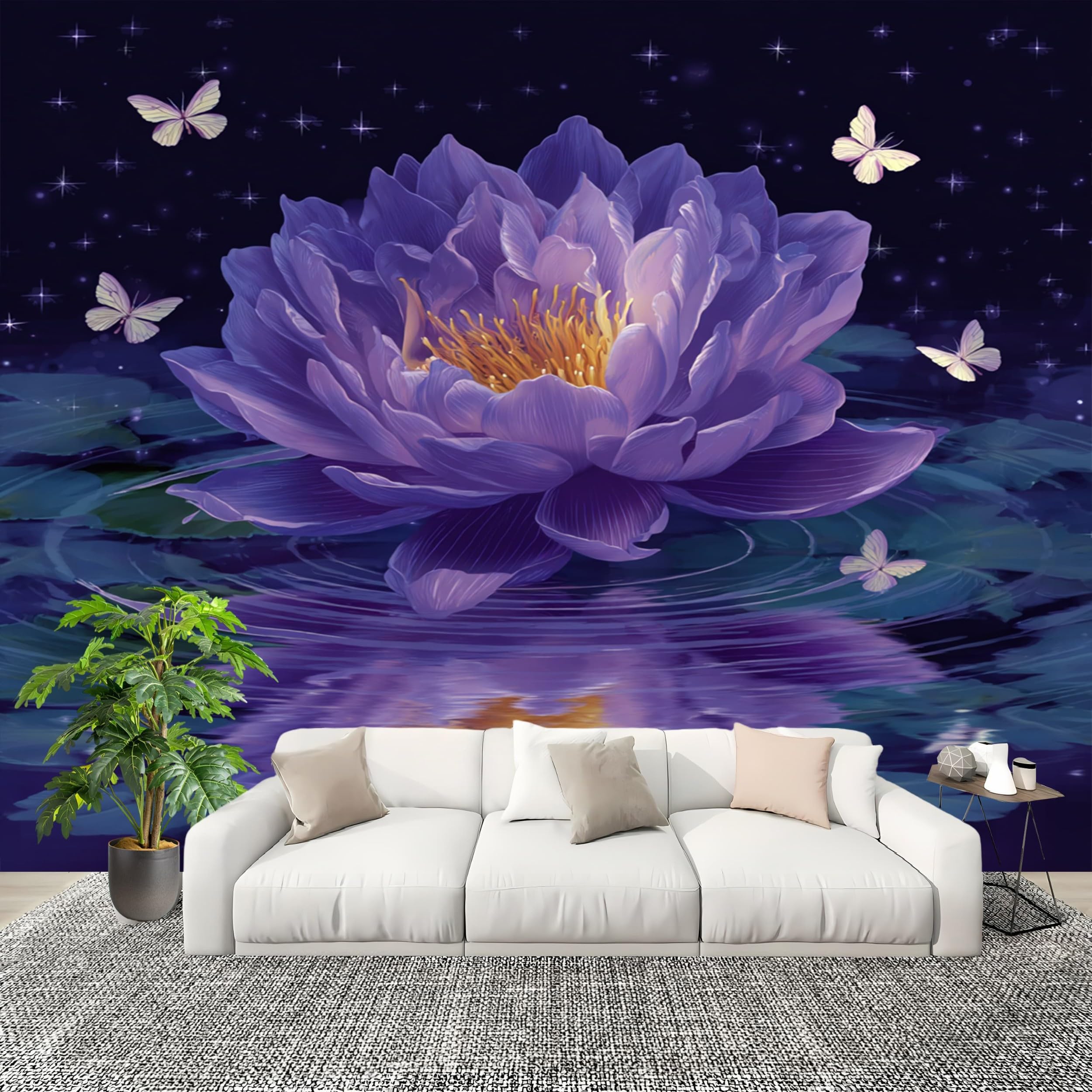 Tapeta HD malowidła ścienne 250 x 175 cm malowany wzór motyla lotosu 3D nietkana fototapeta do sypialni salonu dekoracja ścian, fioletowa, odporna na porosty, łatwa w instalacji, artystyczna naklejka