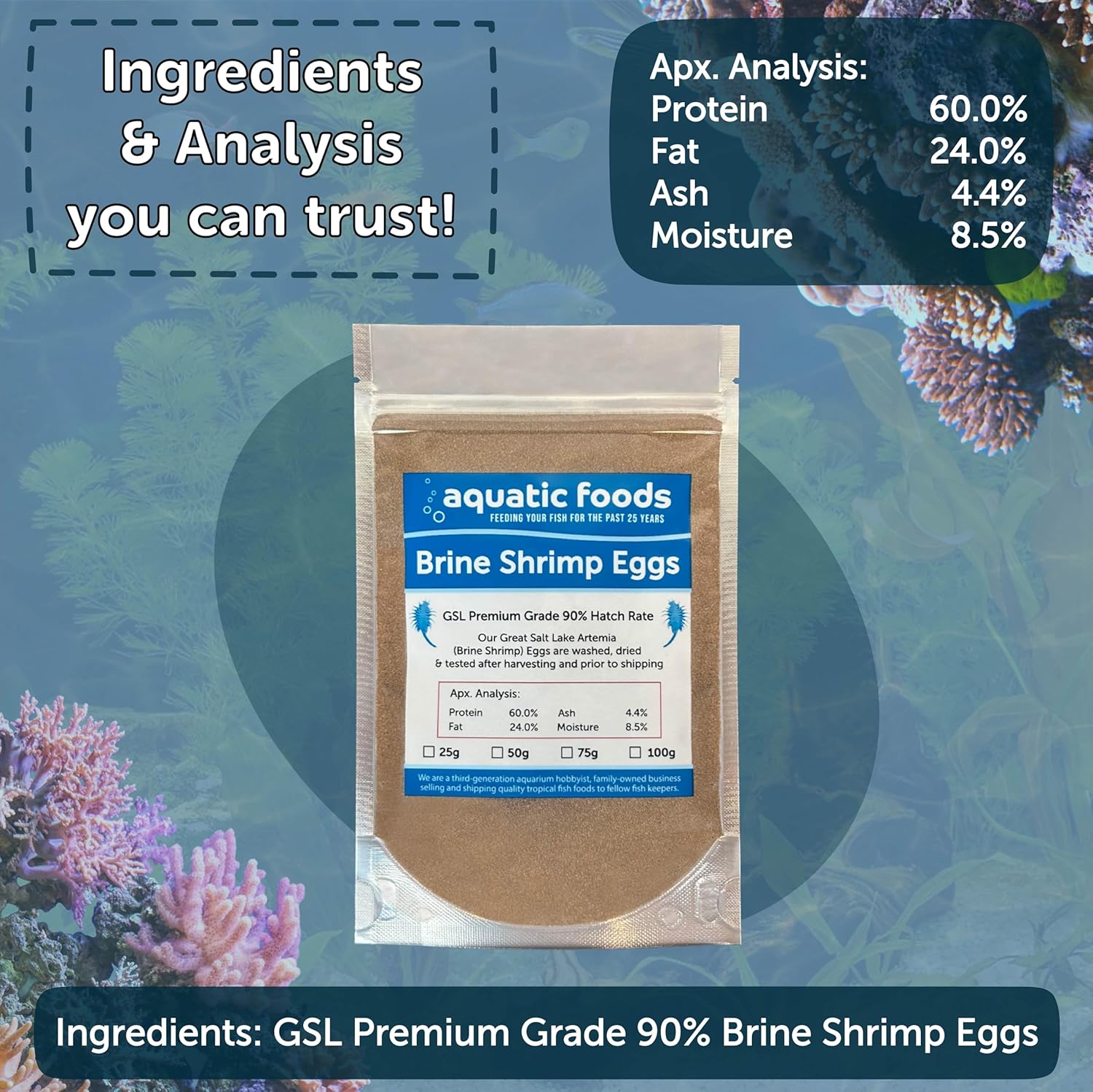Aquatic Foods Inc. Brine Shrimp Artemia Eggs, Premium Grade 90% Hatch Rate from The Great Salt Lake, Utah, USA. - 400 Grams