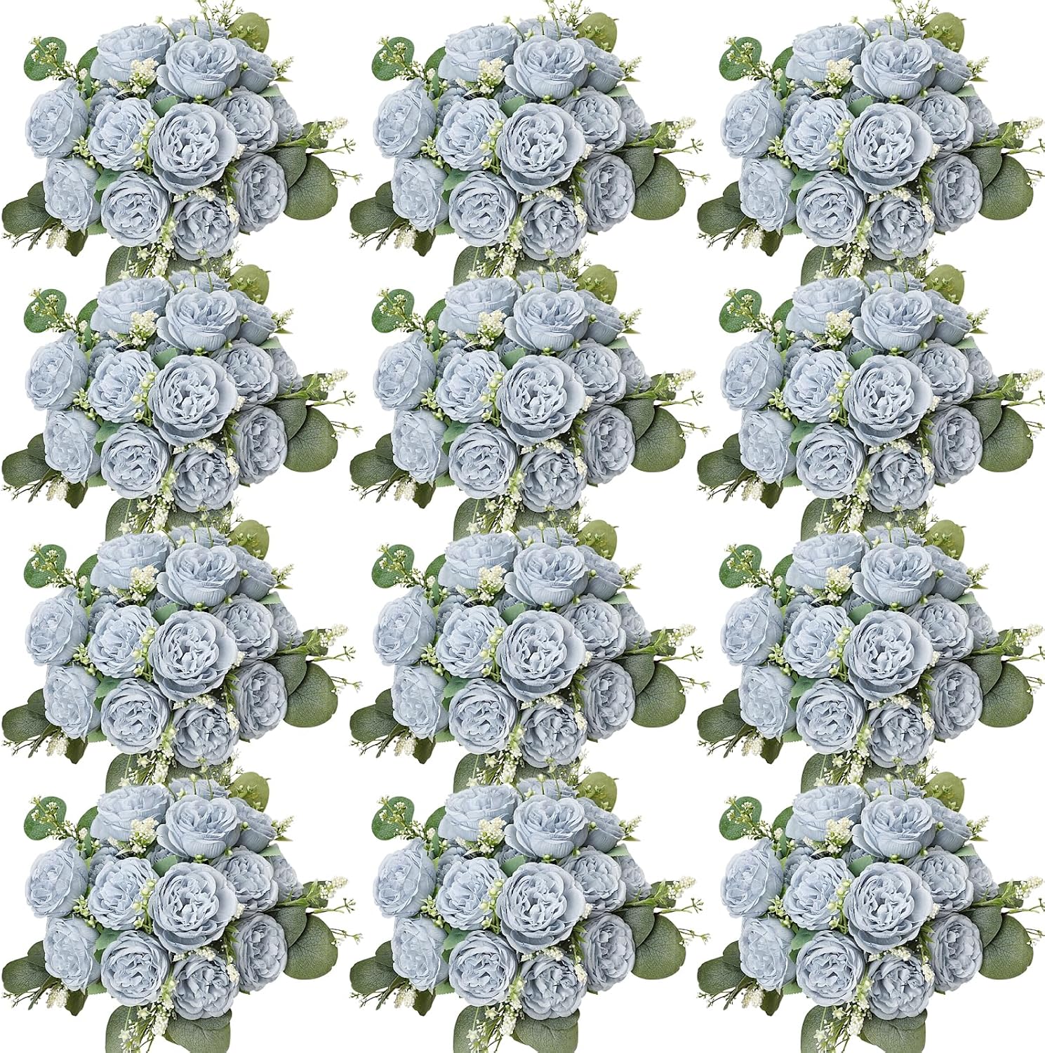 Peonies Artificial Flowers Bulk, 12 Bundles Fake Silk Peonies Faux Eucalyptus Bouquet Realistic Peony Floral Arrangement for Wedding Table Centerpiece Vase Decor (Dusty Blue)