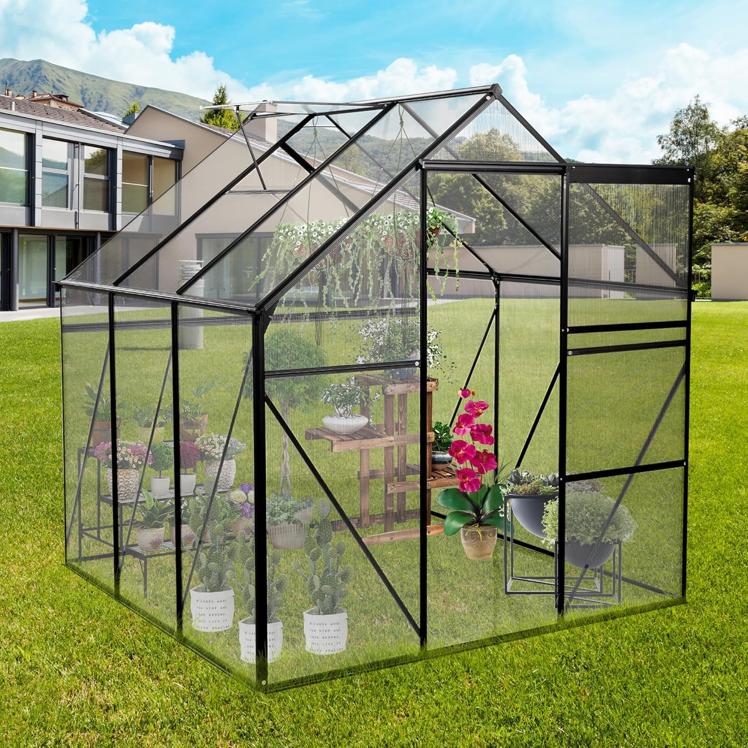 6x6 FT Polycarbonate Greenhouse, Heavy Duty Walk-in Aluminum Greenhouses with Sliding Door, Green House with Ventilation for Outdoor Backyard in All Season, Black