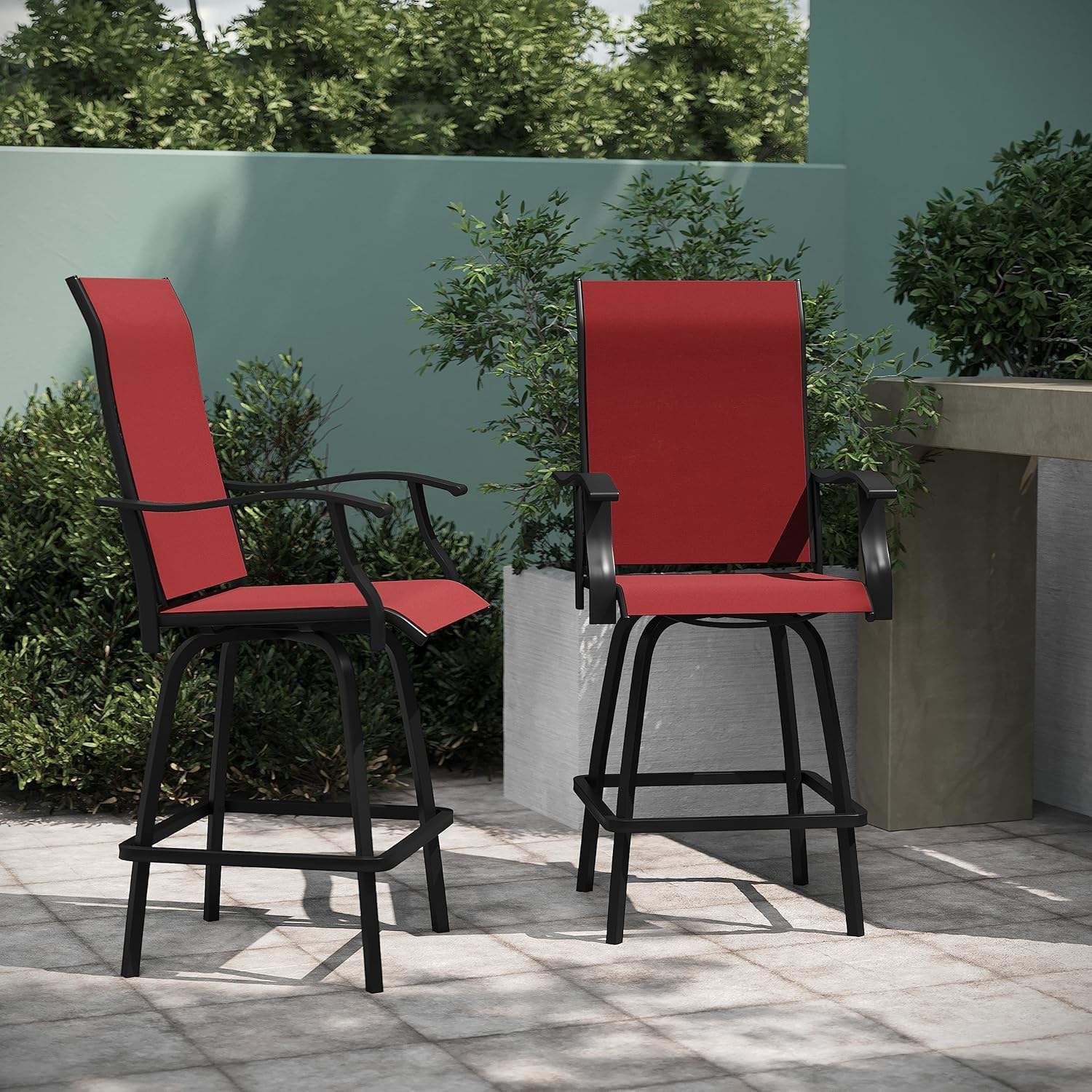 EMMA + OLIVER Veronica Swivel Patio Barstools - Red Textilene Swivel Seat - High Back and Armrests for Comfort - Galvanized Steel Frame