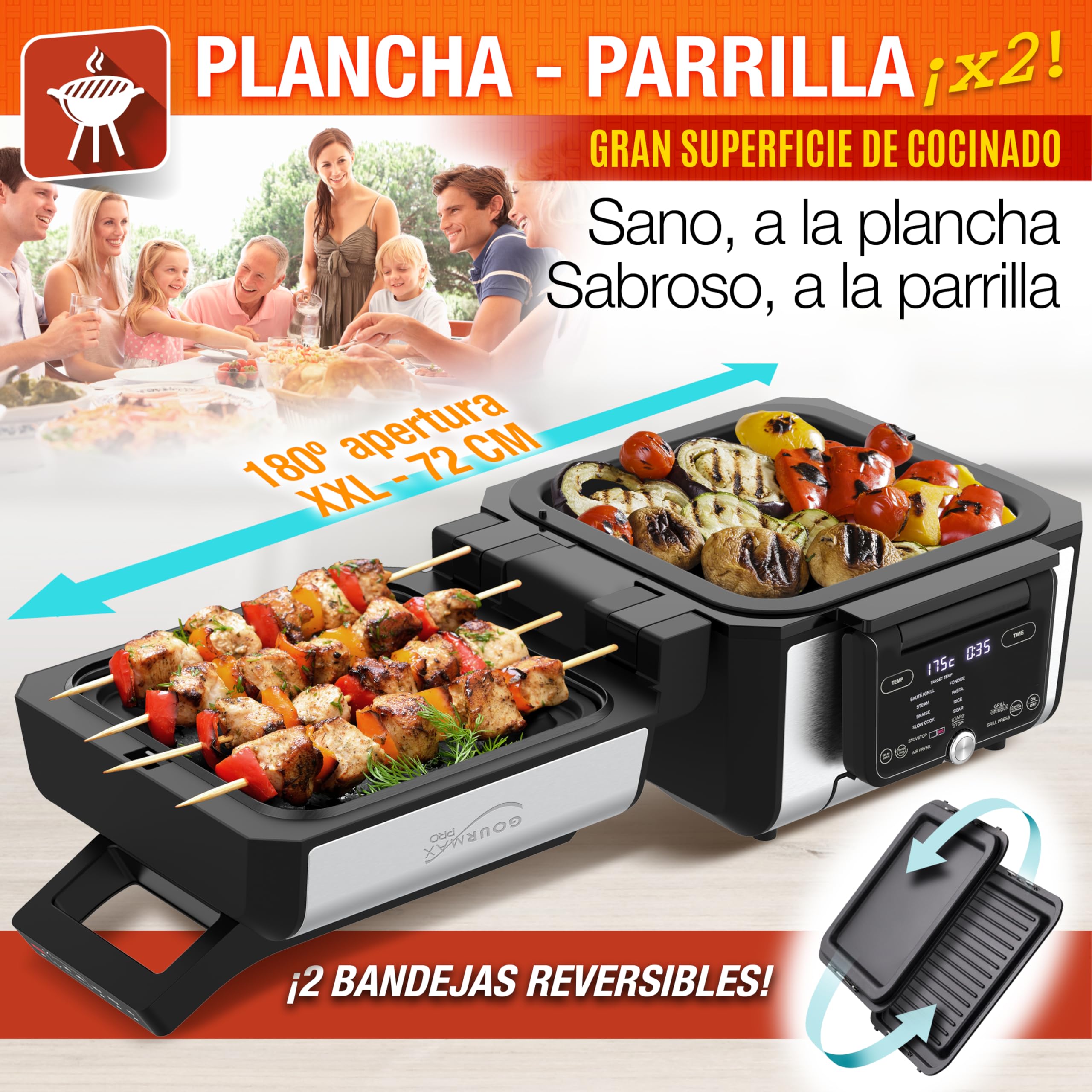 GOURMAX PRO Multifunción: Air Fryer + Horno + Plancha + Parrilla + Grill-Press + Olla 5.6L + Tapa vidrio. 2 zonas XXL independientes, 2 recetas a la vez: 16 Menús. Recetario. Ahorra Energía