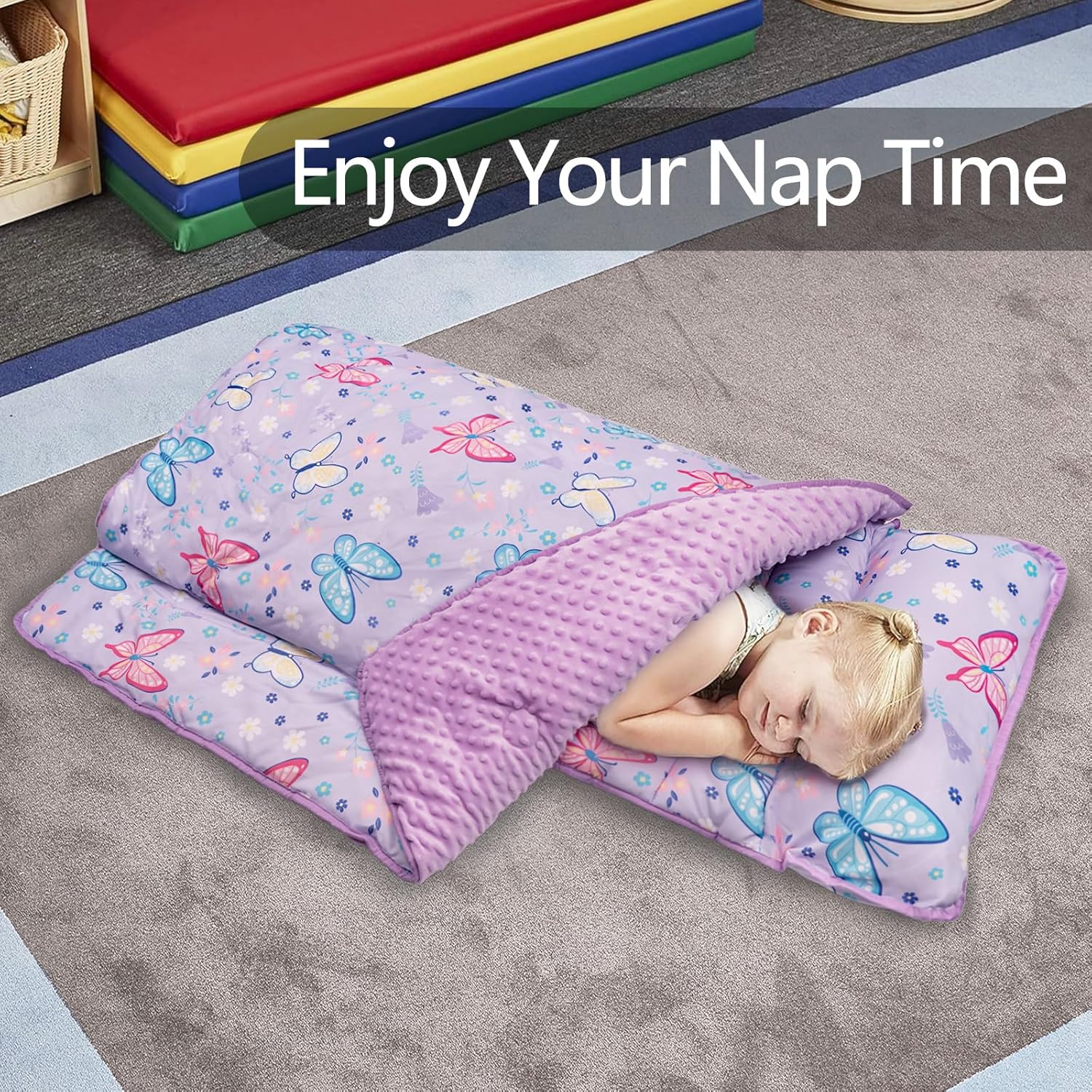Primlect Toddler Nap Mat Extra Large Thickened 55''x35'', Soft Sleeping Bag with Detachable Minky Blanket and Pillow, Portable for Daycare, Preschool, Kindergarten, Travel, Boys and Girls