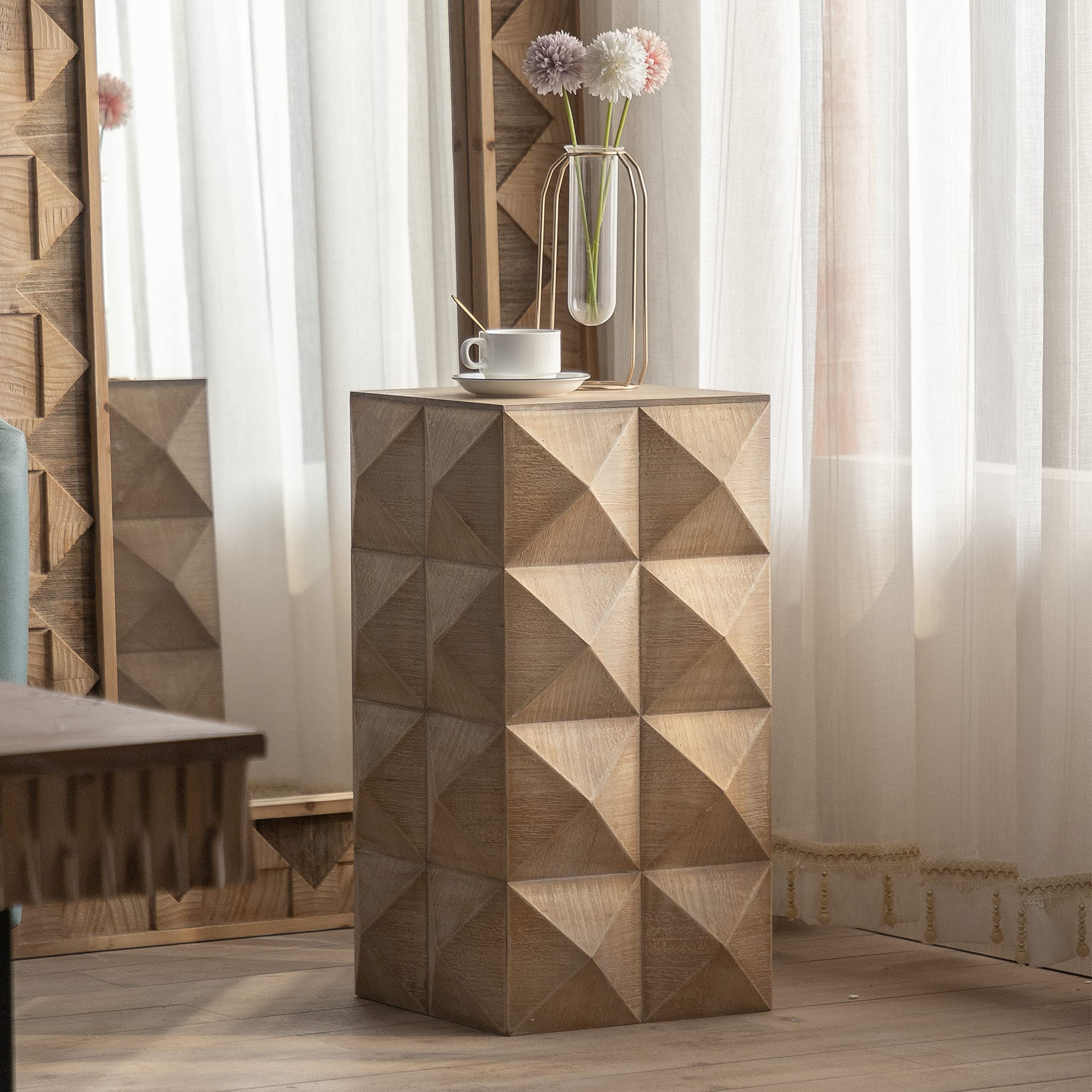 kevinplus Modern Farmhouse End Table Side Table for Living Room, Wood Three-Dimensional Embossed Coffee Table for Apartment Bedroom Office, No