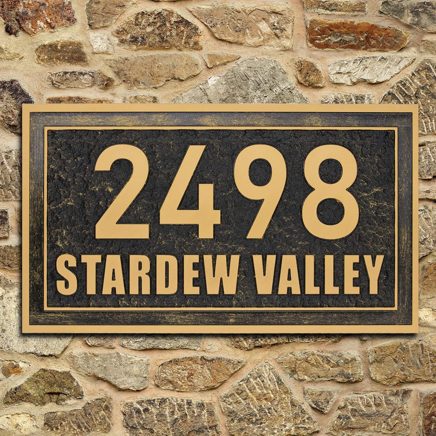 Personalized Address Plaque - Custom House Number Sign - Rectangle (11" x 6.3") - House Sign Number Wall Plaque (Gold)