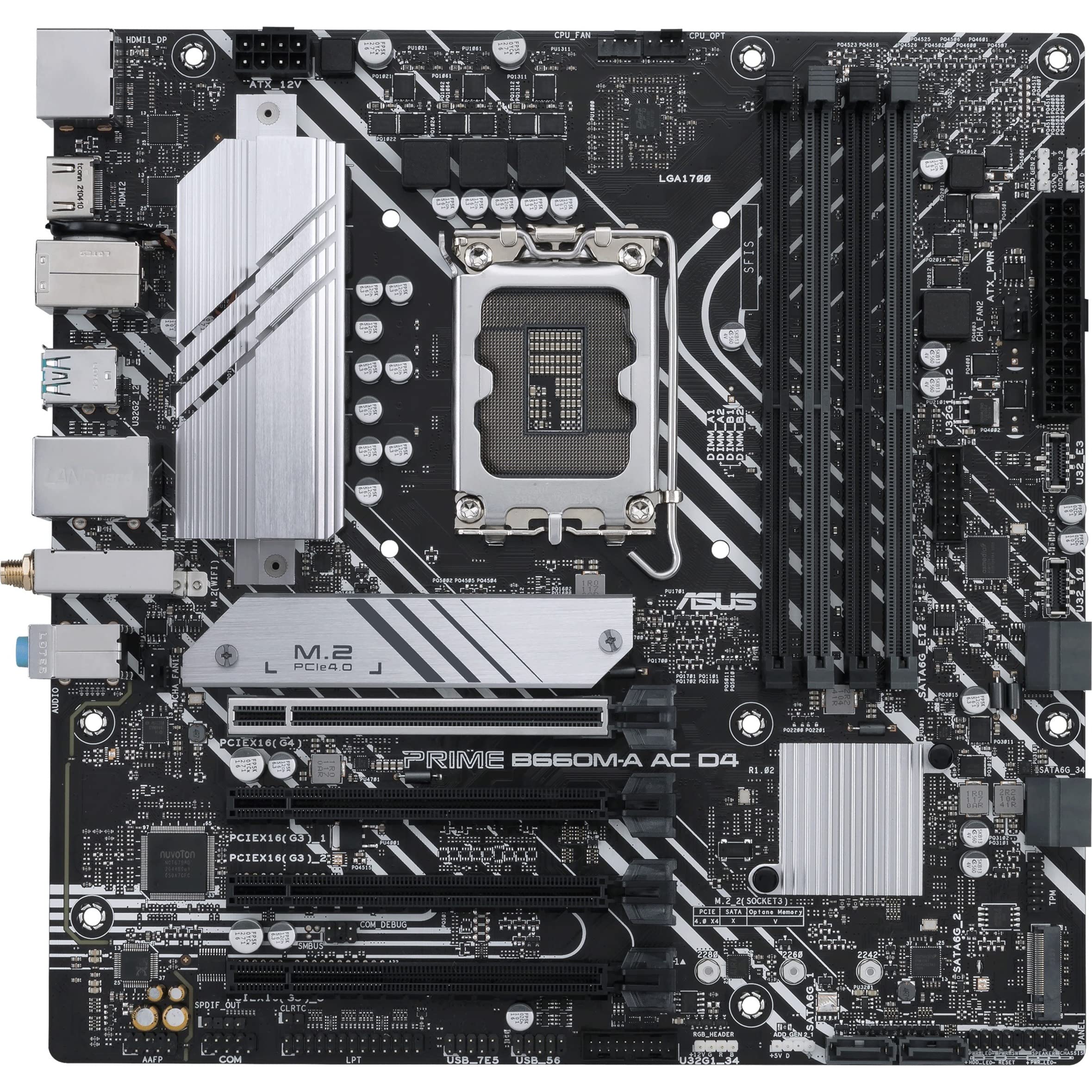 ASUS Prime B660M-A AC D4 LGA 1700 (Intel 12e génération) Carte mère mATX (PCIe 4.0, DDR4, 2X M.2 PCIe 4.0, Wi-FI 5, USB 3.2 Gen 1 Type-C, en-têtes adressables Gen 2, Protection ASUS 5X III)