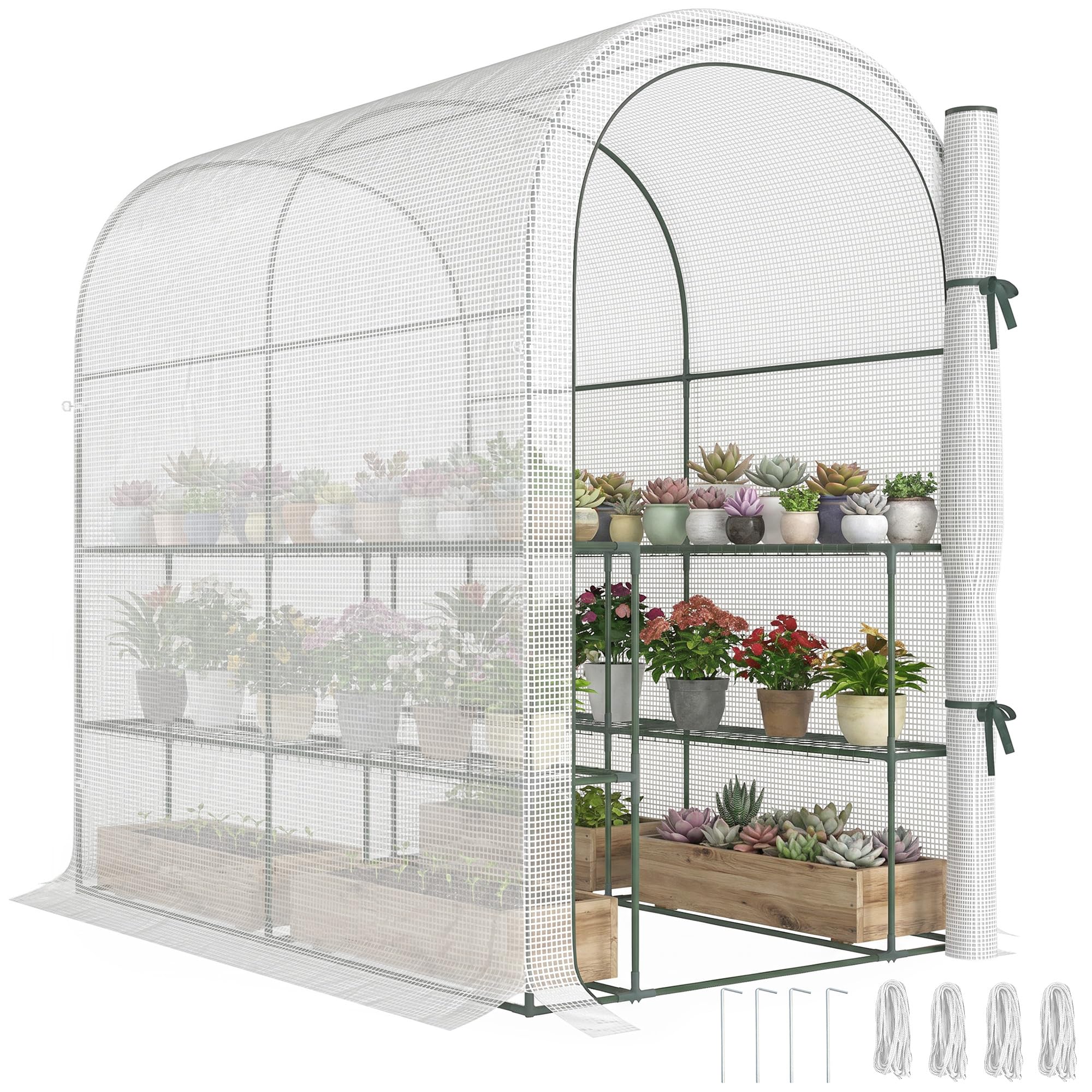 Outsunny Serra da Giardino con Scaffali a 2 Livelli e Porta Avvolgibile, Serra per Orto con Struttura in Acciaio, Copertura in PE Anti-UV, per Orto Verdure Fiori Piante, 123x187x189 cm, Bianco