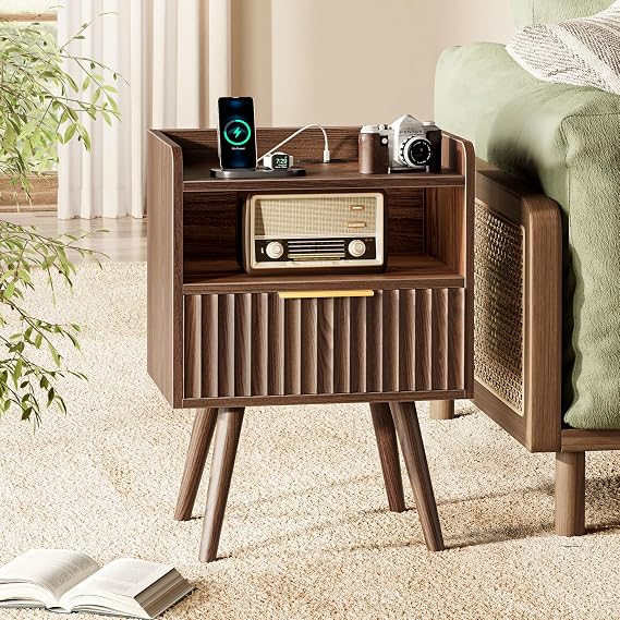 Huuger Nightstand with Charging Station, USB-C Port, Fluted Night Stand Set of 2, Bed Side Table with Drawer, Solid Wood Feet, Open Storage, End Table with Raised Edge, for Bedroom, Walnut