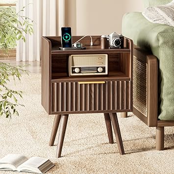 Huuger Nightstand with Charging Station, USB-C Port, Fluted Night Stand Set of 2, Bed Side Table with Drawer, Solid Wood Feet, Open Storage, End Table with Raised Edge, for Bedroom, Walnut